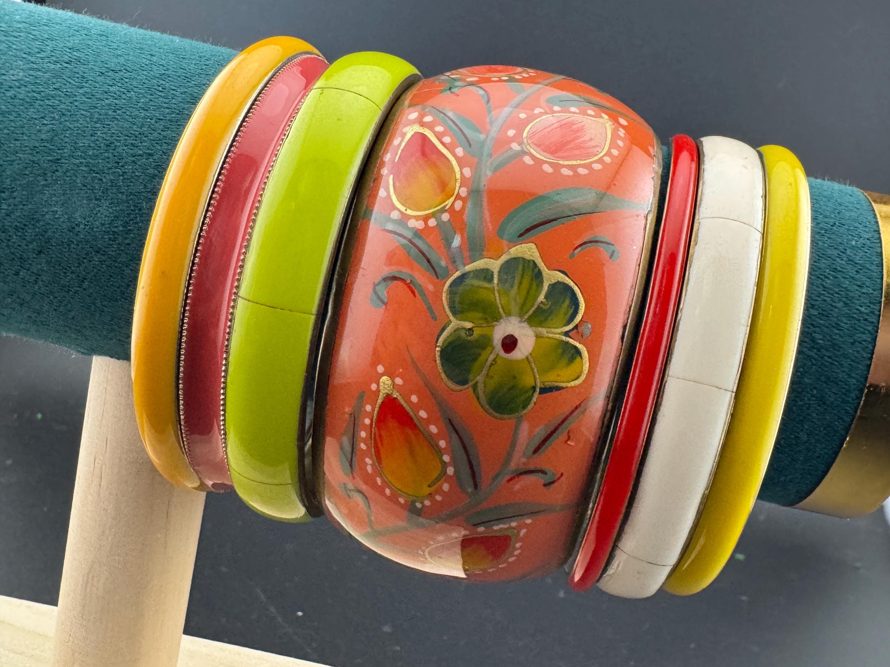 Vintage Enamel Bangle Stack: Retro Brass Metal Bracelets