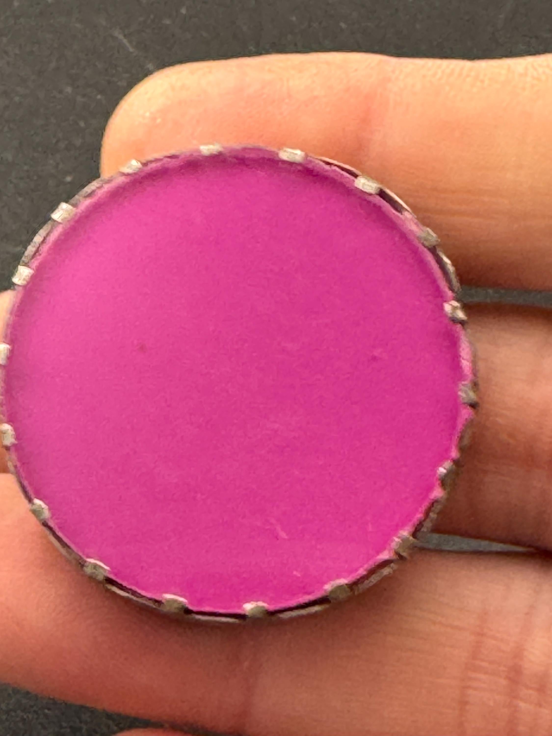 Big purple early plastic 4cm disc artisan statement dress ring , silver tone metal, adjustable size