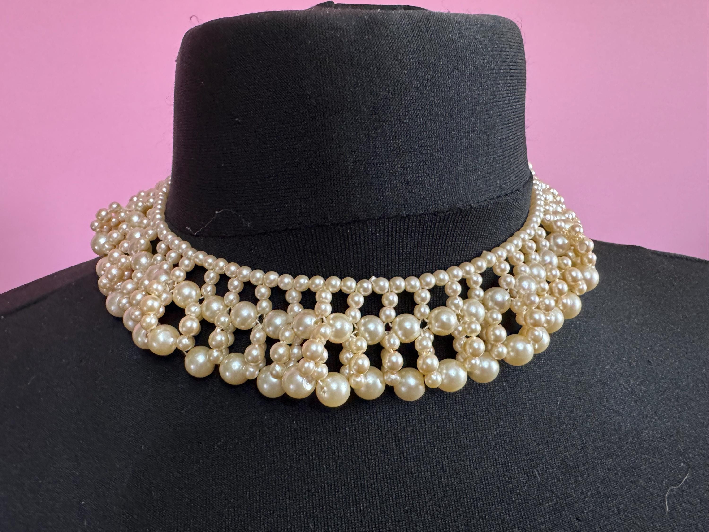 Art Deco Vintage Cream Faux Pearl woven beaded collar necklace choker 1960s 1970s