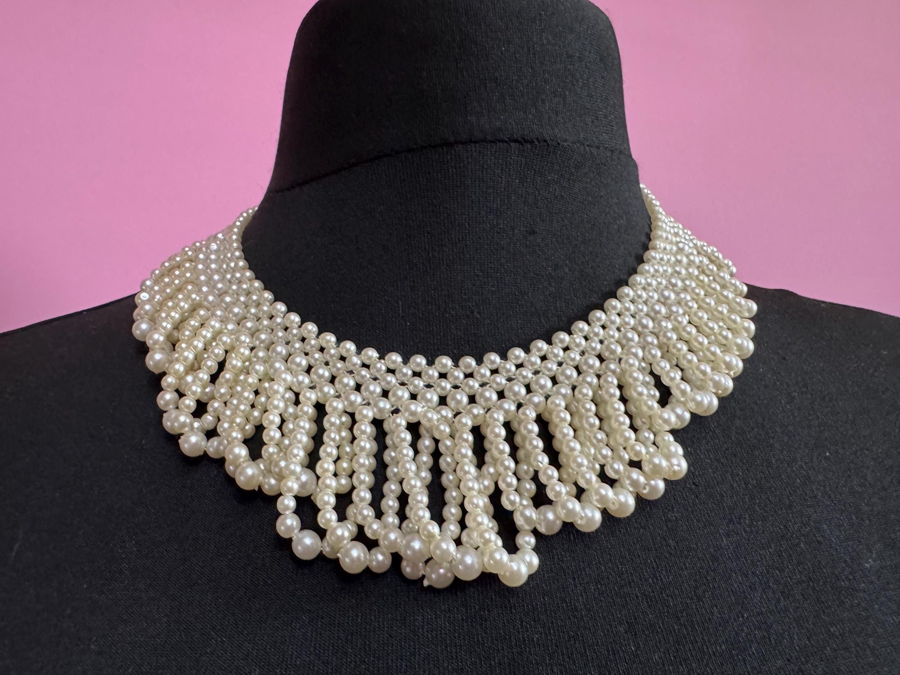 Art Deco Vintage Cream Faux Pearl woven beaded collar necklace choker 1960s 1970s