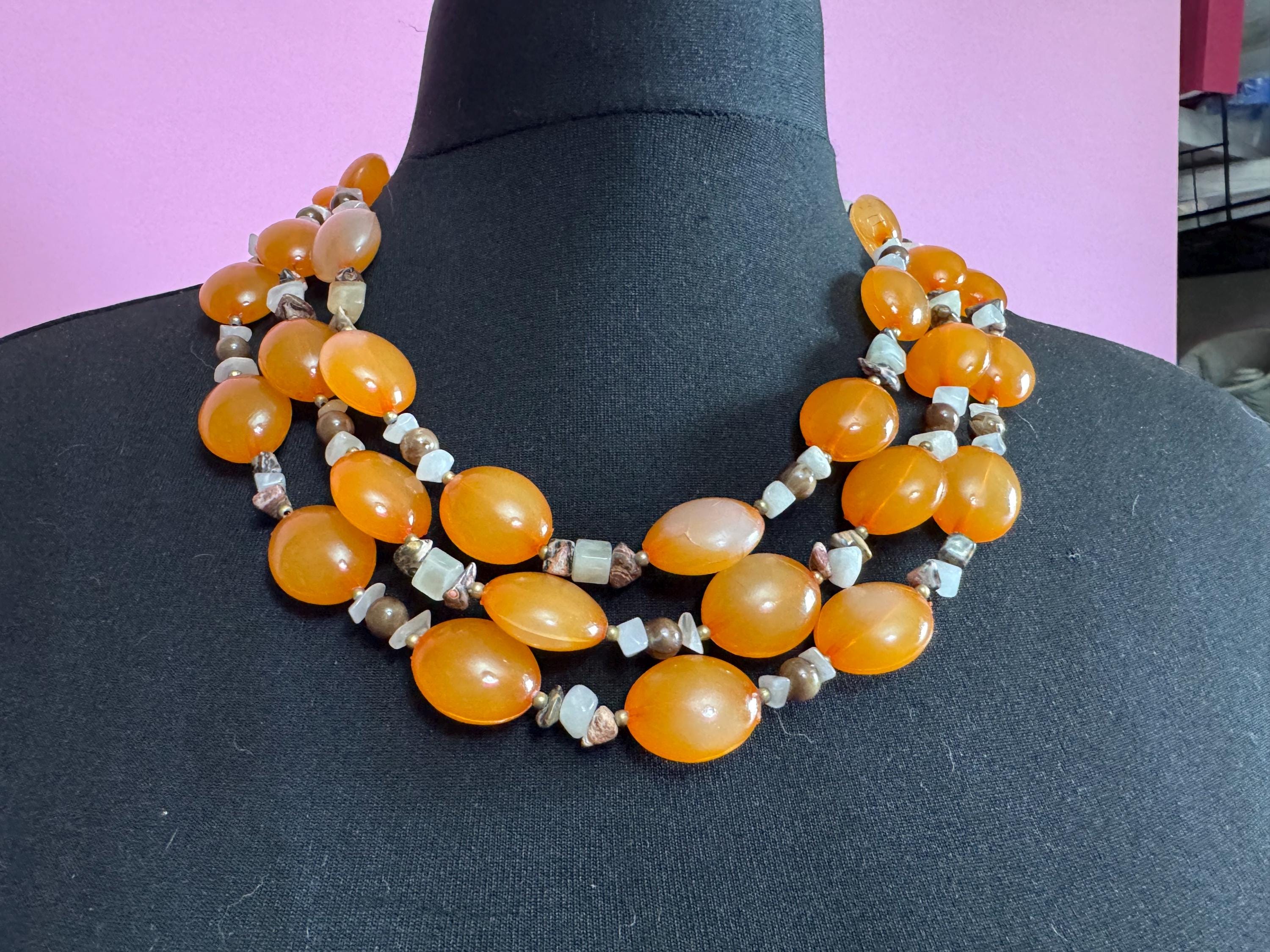 Vintage orange natural gemstone set beaded 3 row multistrand necklace