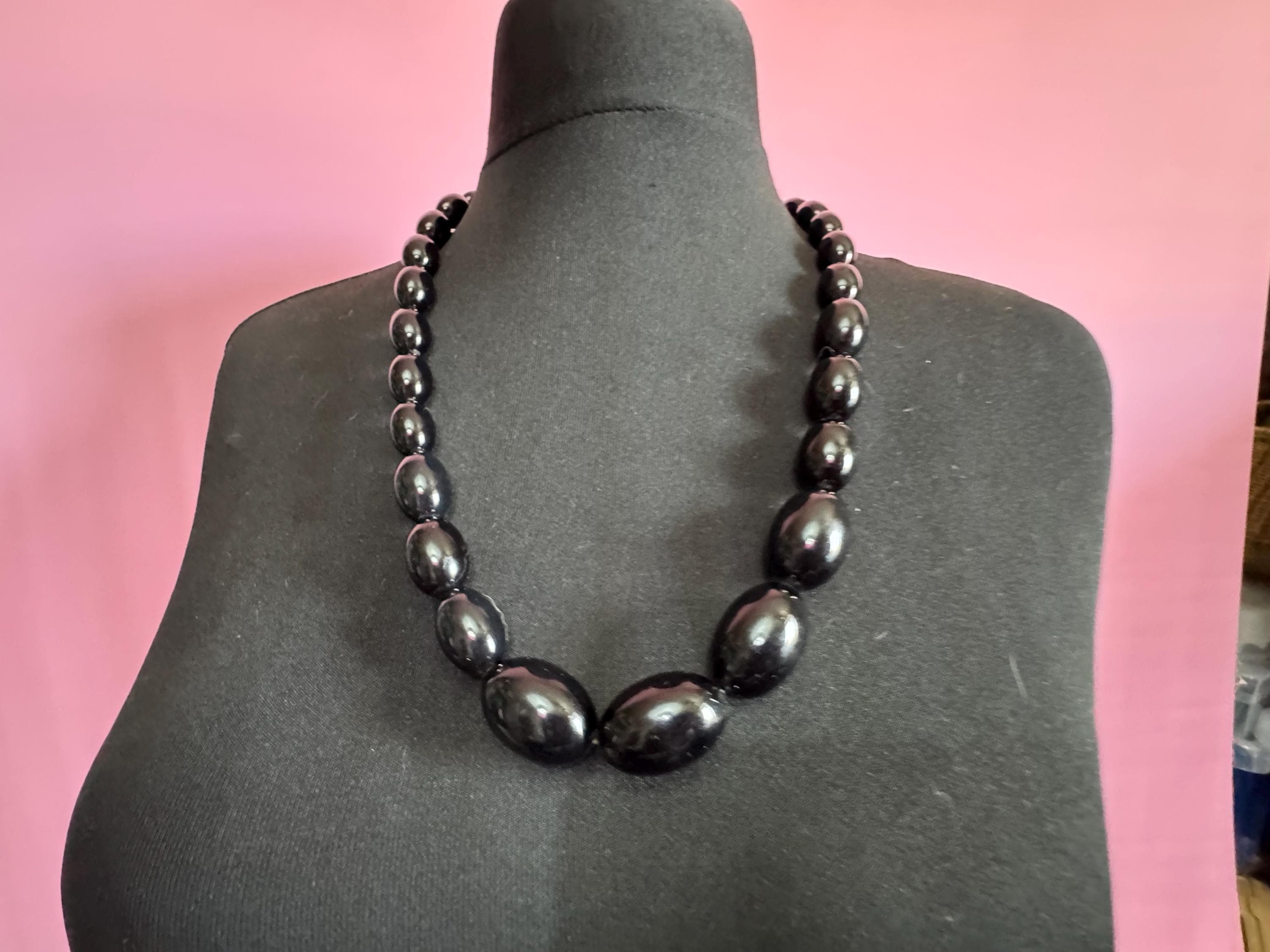 Vintage early plastic black beaded necklace long necklace 70cm