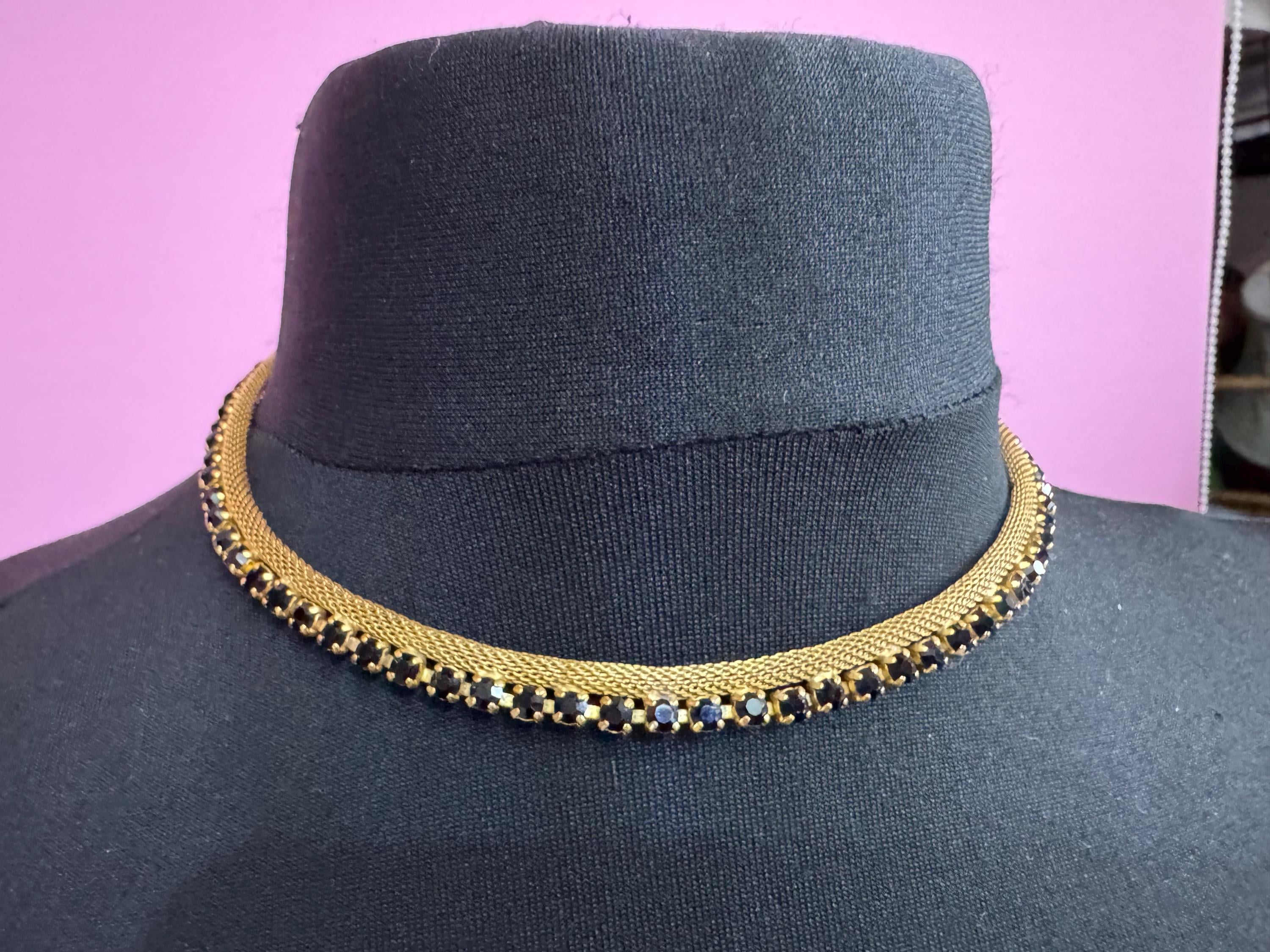 Black diamante woven mesh choker necklace Vintage mid century gold plated