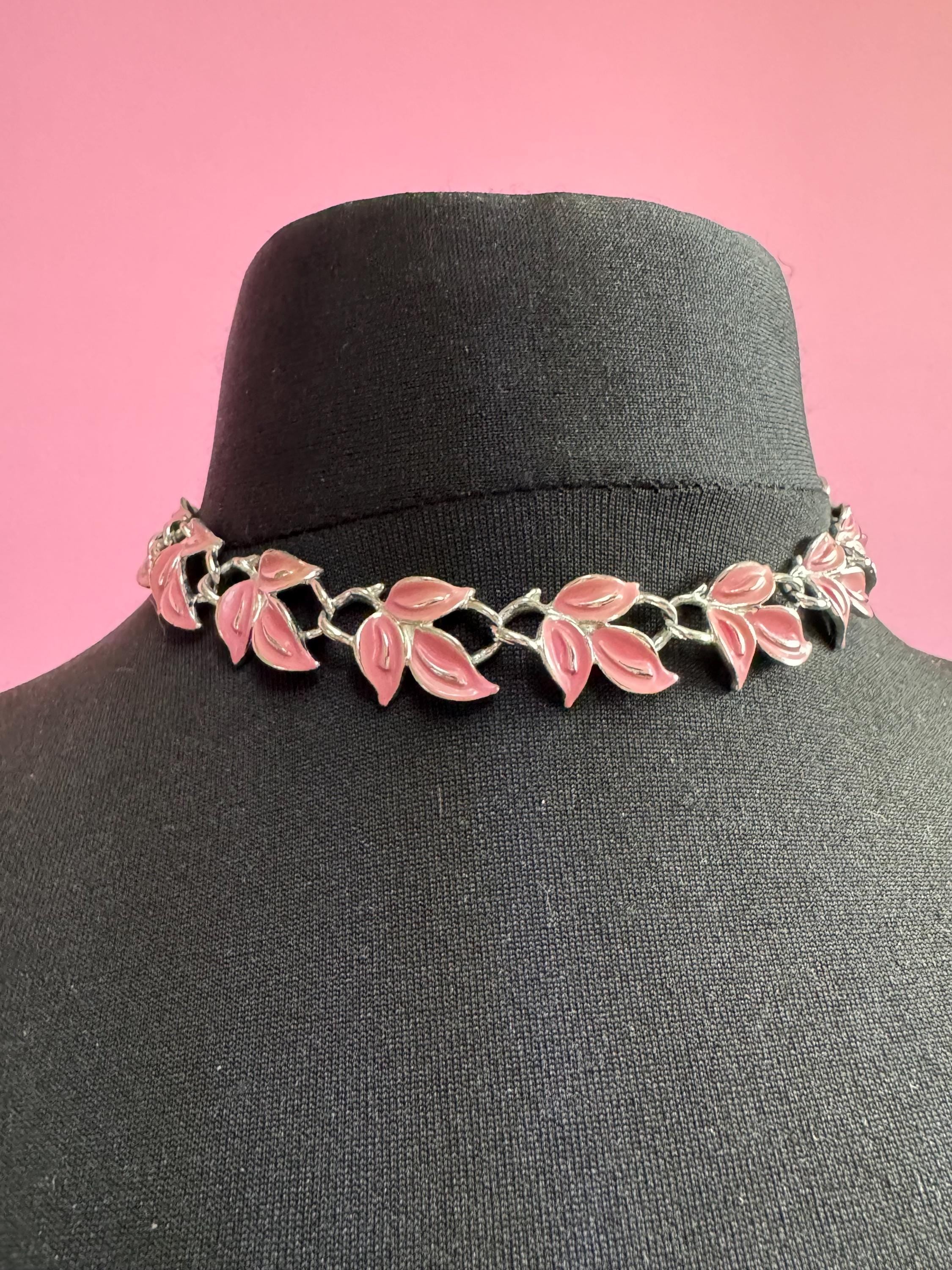 Vintage Pink Enamel Leaf Choker: Silver Tone Necklace