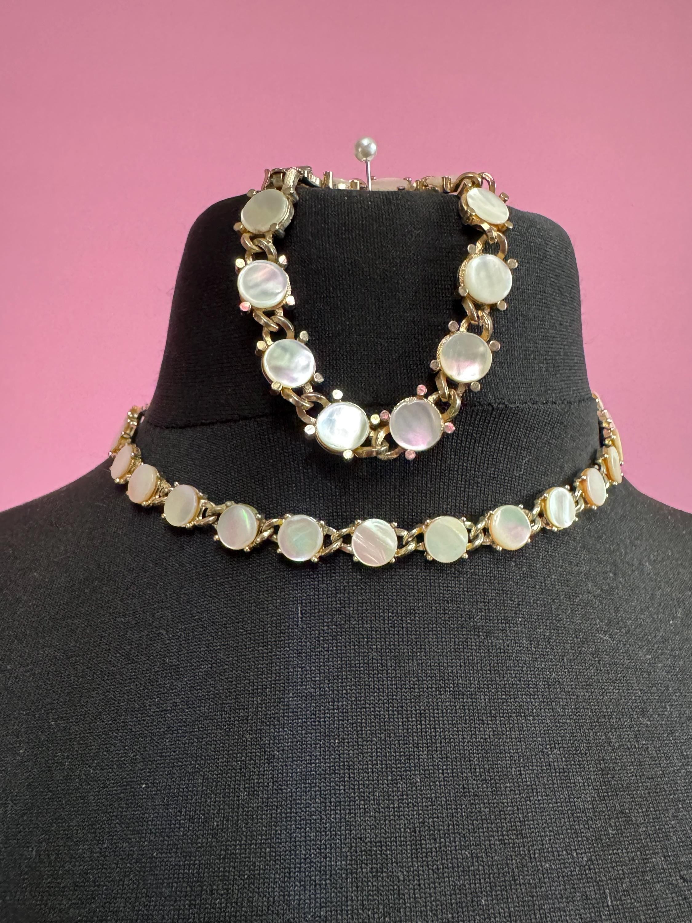 Vintage cream shell pearl cabochon disc panel necklace and matching bracelet jewellery set 1950s