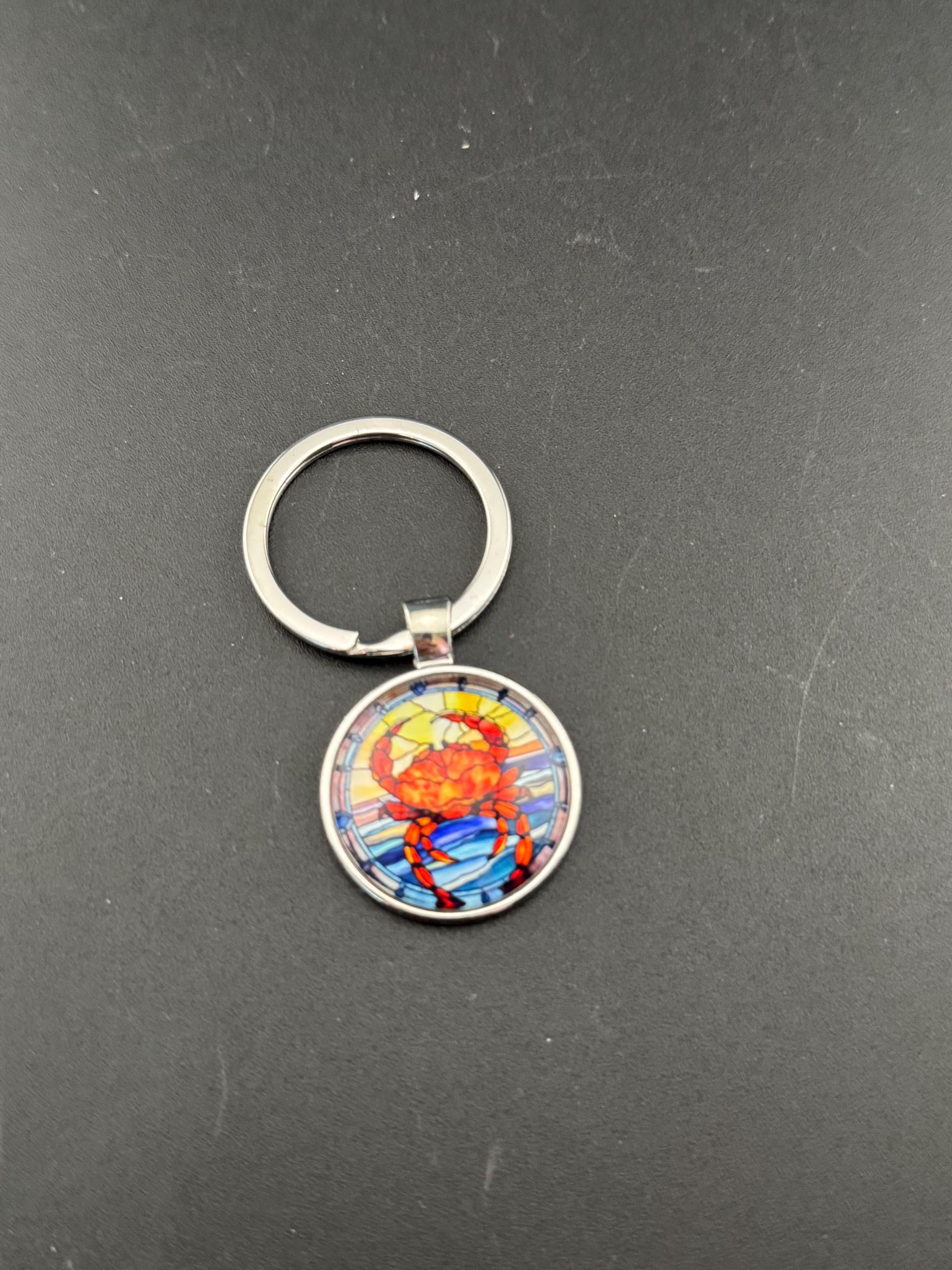 Summer nautical CRAB silver keyring, blue and orange seascape in a glass cabochon
