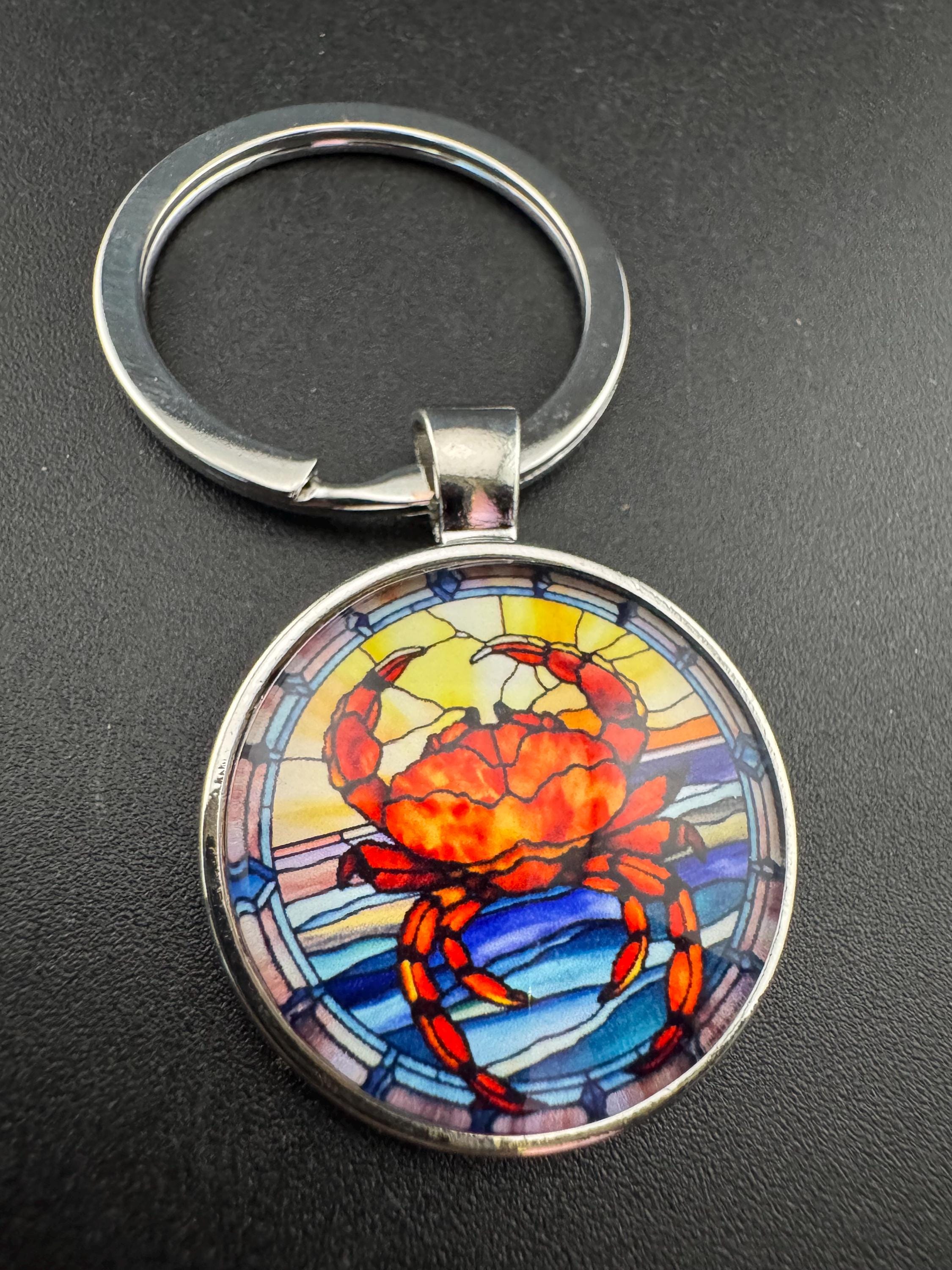 Summer nautical CRAB silver keyring, blue and orange seascape in a glass cabochon