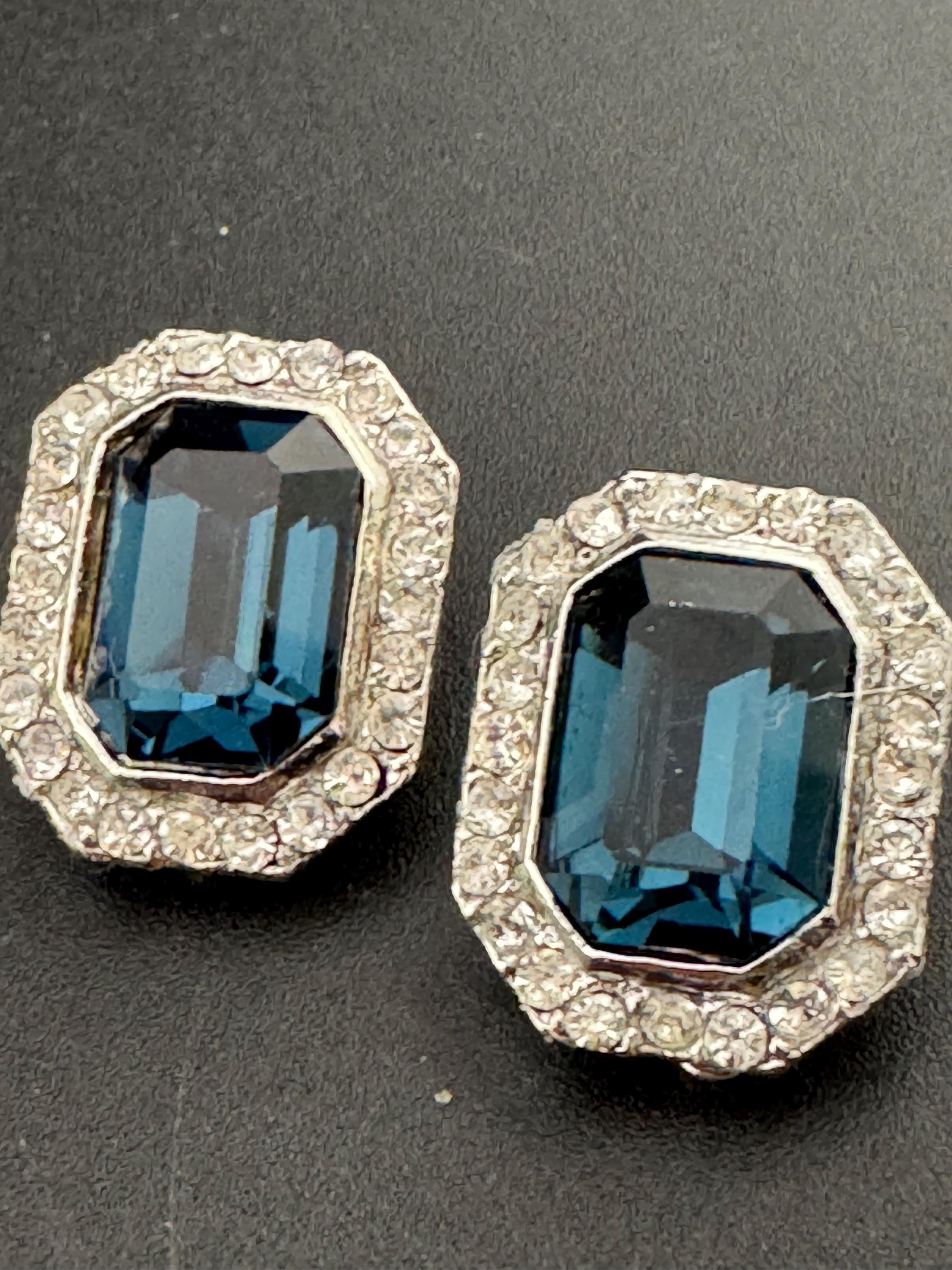 Vintage 1980s Swarovski Crystal Clip On Earrings: Sapphire Blue Octagon