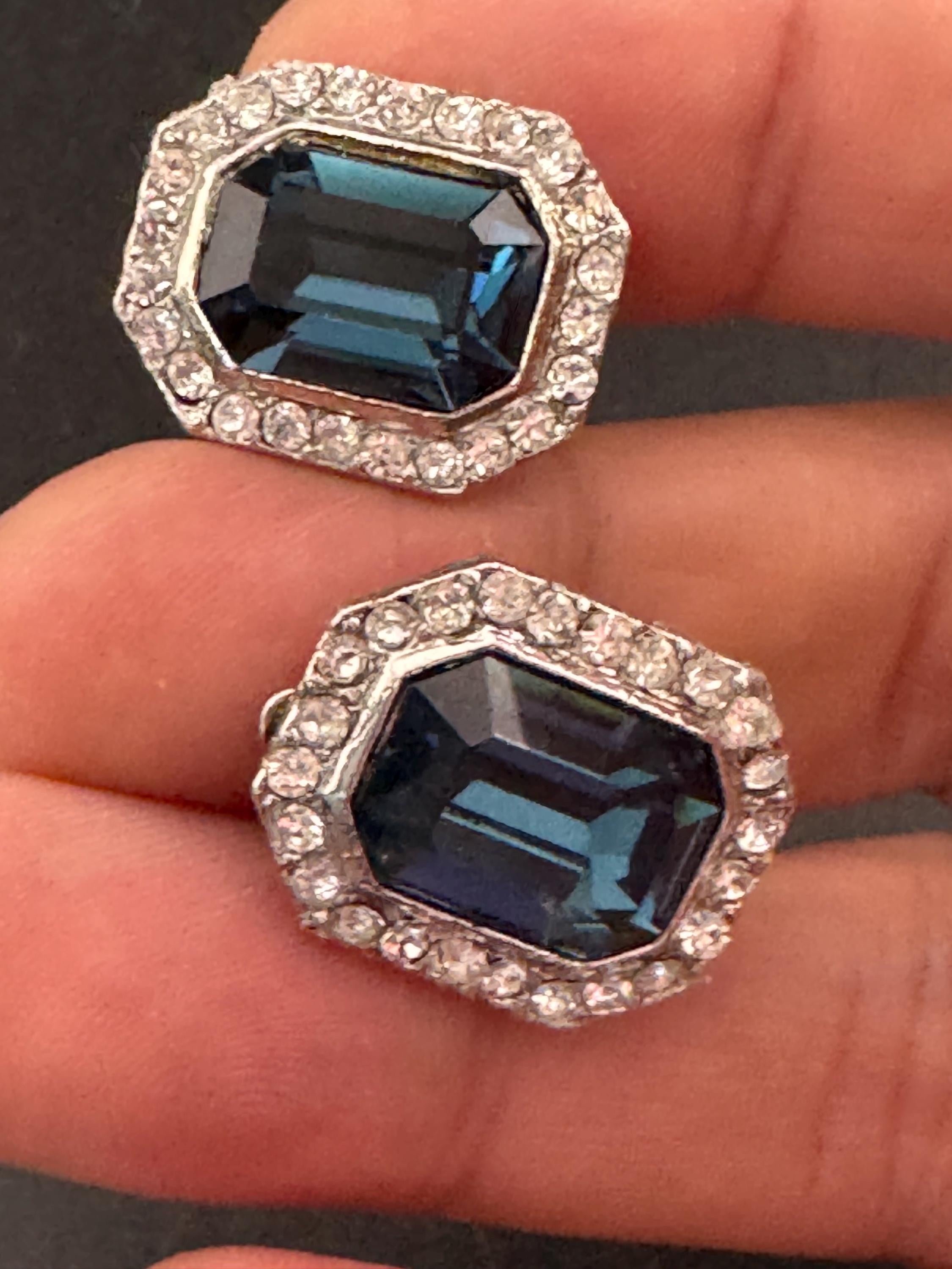 Vintage 1980s Swarovski Crystal Clip On Earrings: Sapphire Blue Octagon