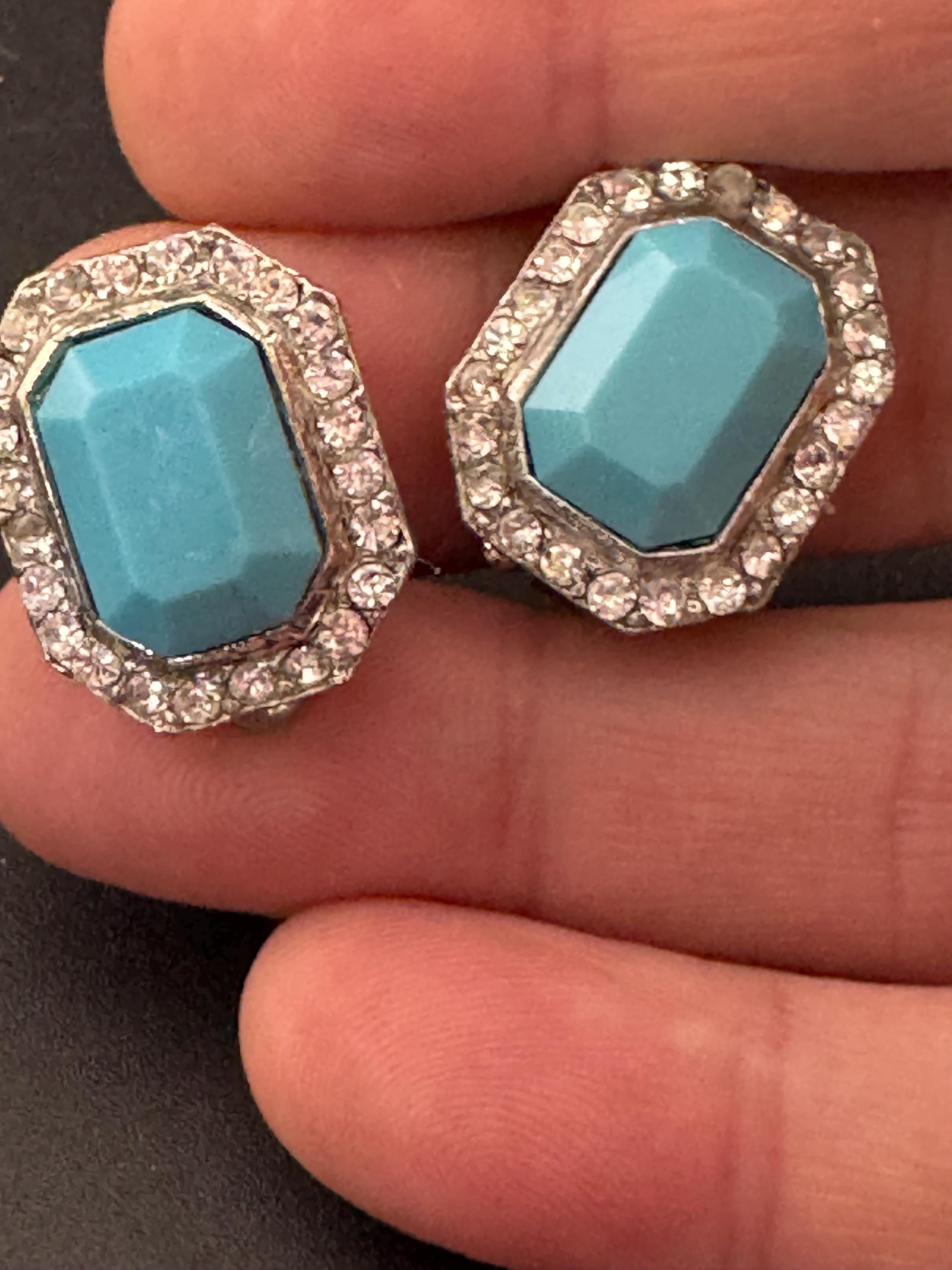 2cm clear and turquoise blue coloured genuine Swarovski crystal octagon clip on earrings 1980s, true vintage old shop stock