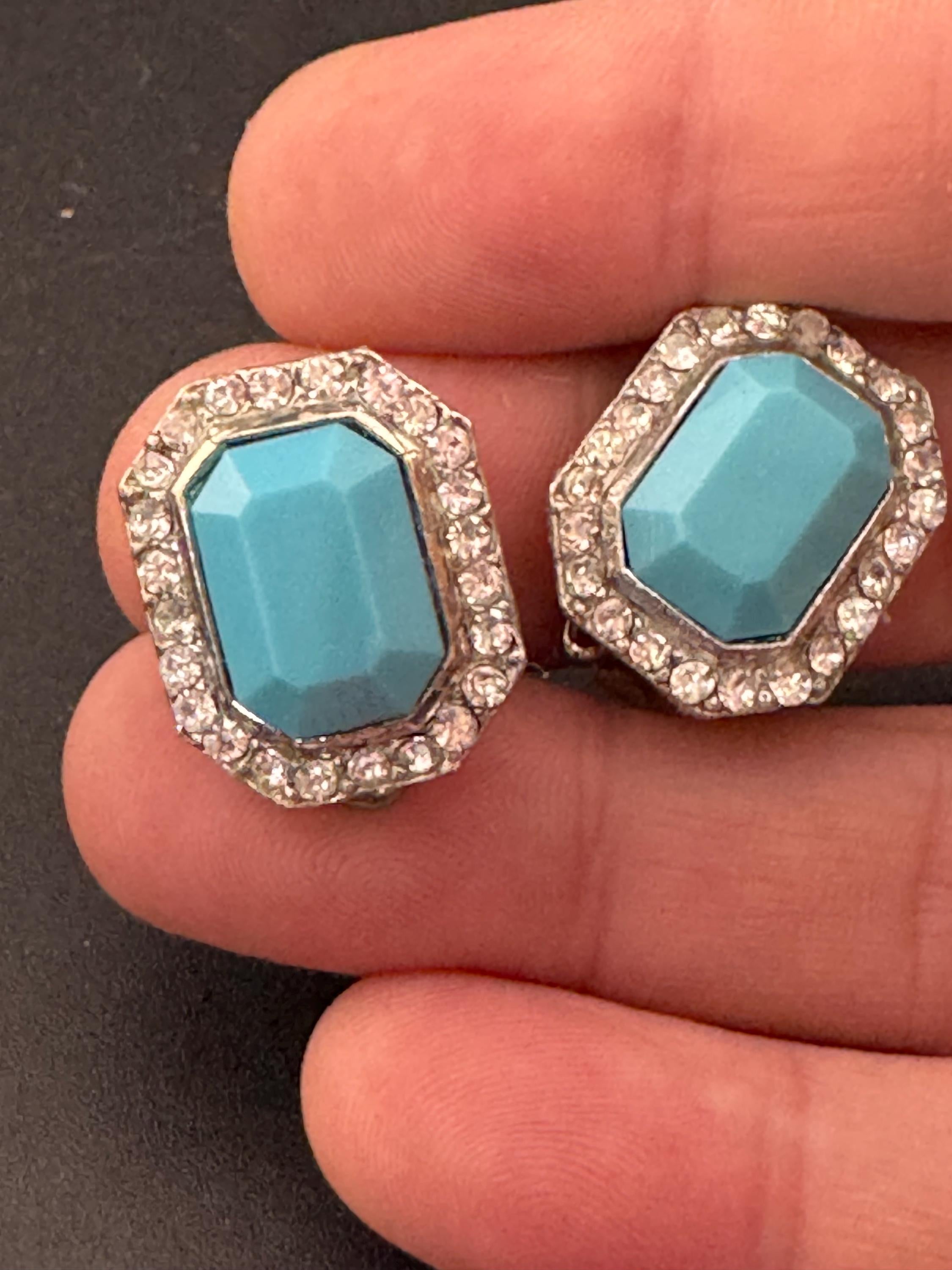2cm clear and turquoise blue coloured genuine Swarovski crystal octagon clip on earrings 1980s, true vintage old shop stock