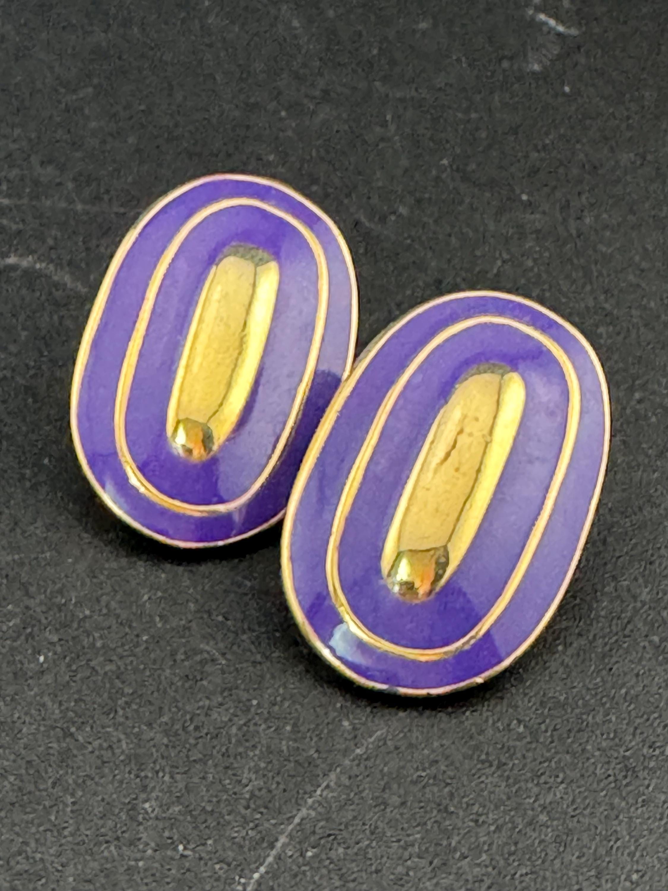 oval purple gold enamel earrings, pierced ears vintage