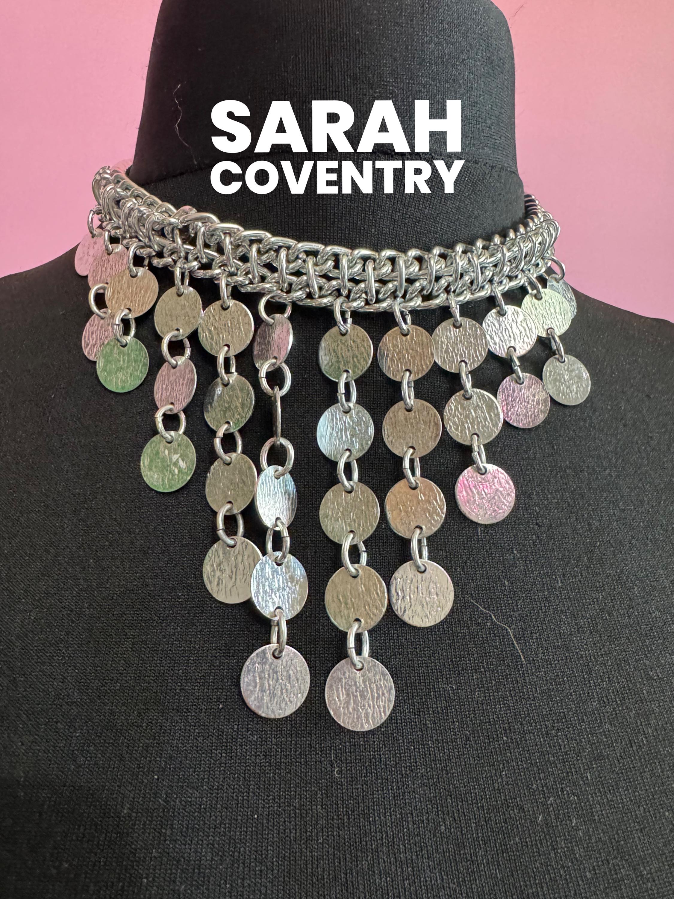 As found signed Sarah Coventry silver tone did. Coin bib chain link choker necklace