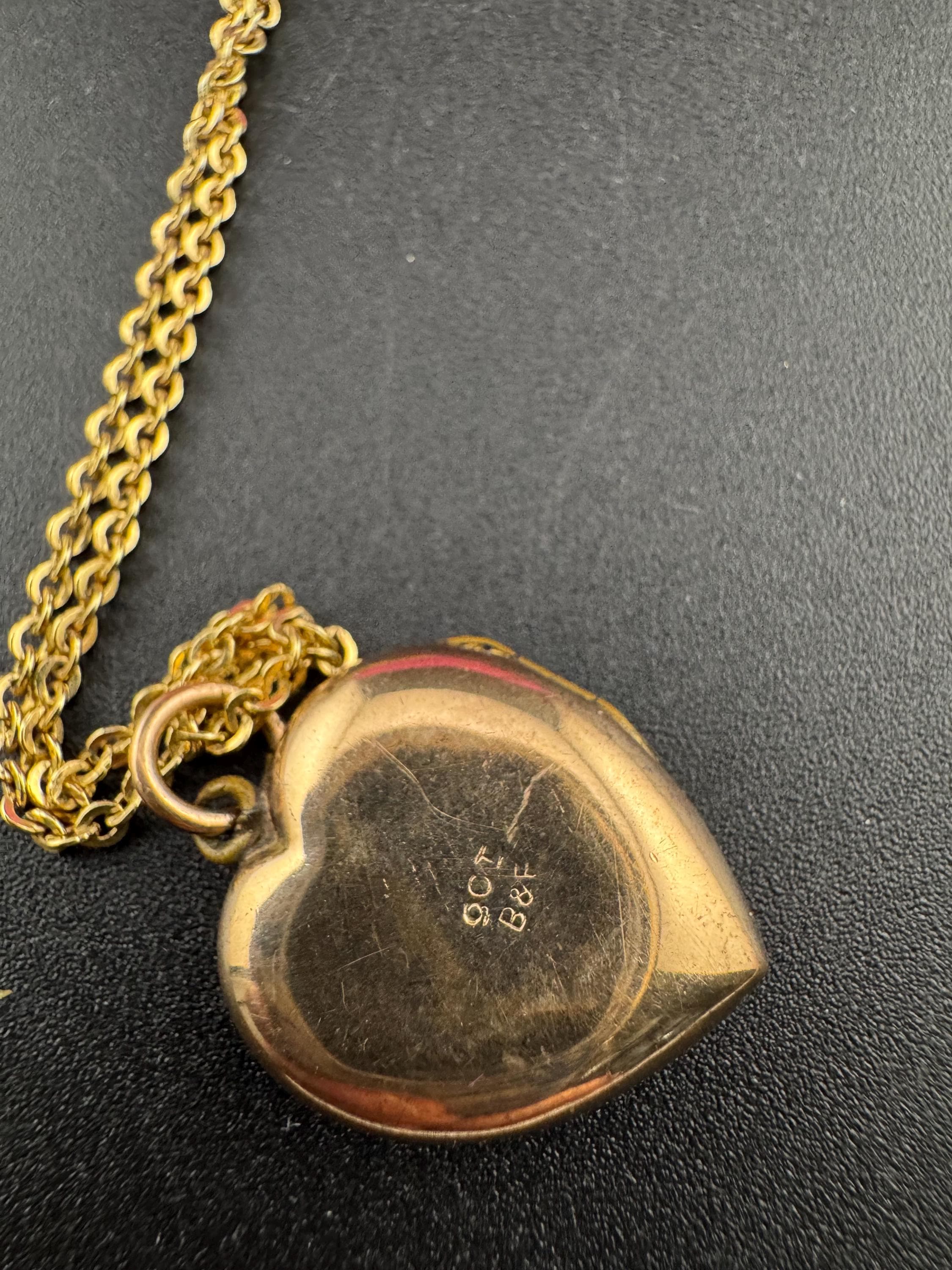 Vintage small heart 9ct gold front and back photo Locket with engraved design, stamped on a rolled gold Andreas daub 48cm chain