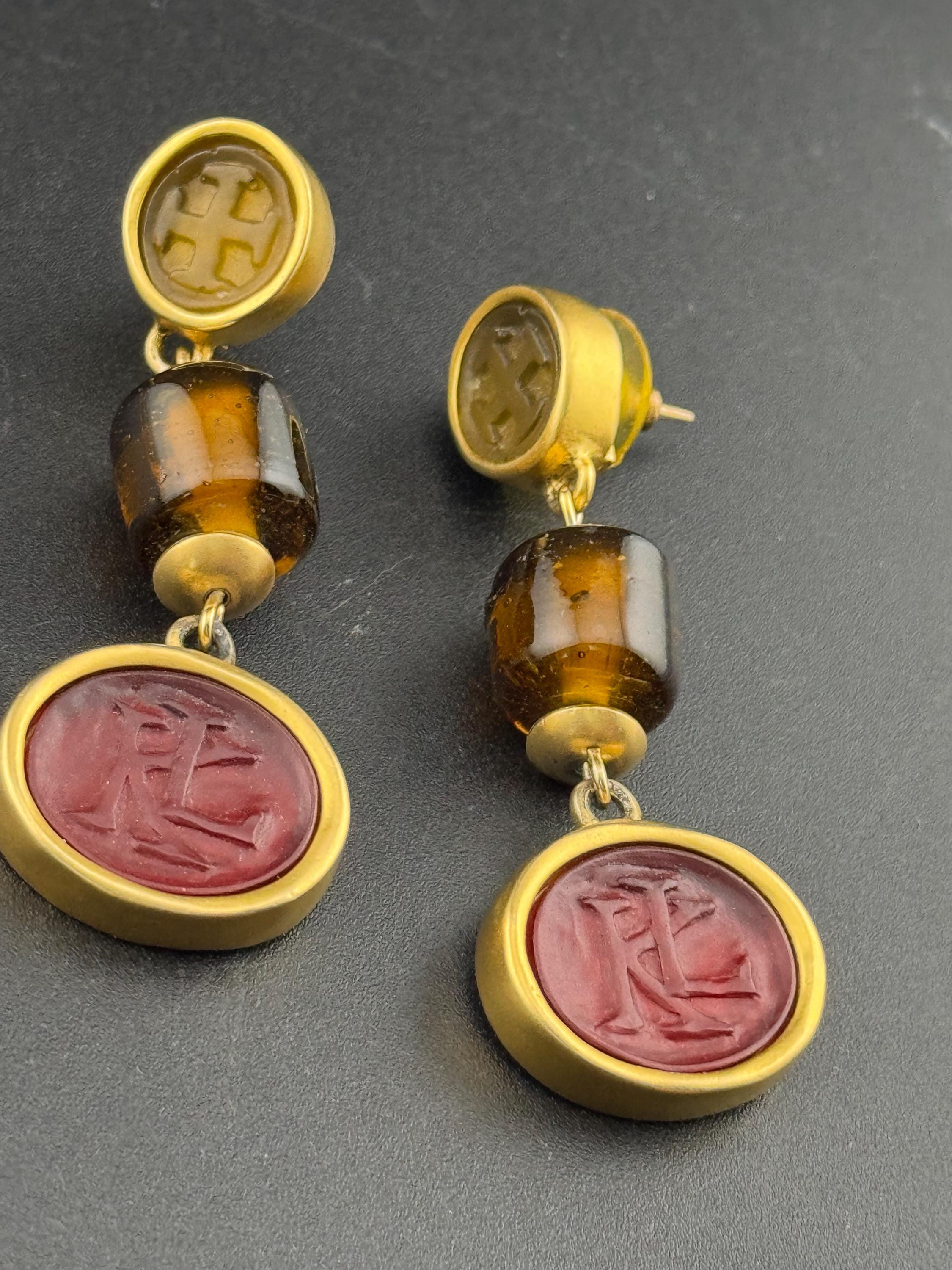 Vintage Karl Lagerfeld Beaded Dangle Earrings: Gold Tone KL Logo signed