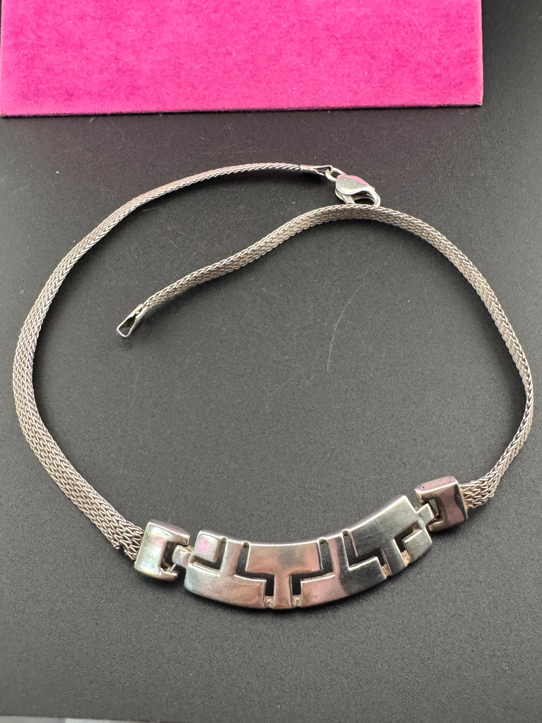 As found Vintage heavy 925 Sterling Silver wide flat link woven necklace 43cm long 23.4 grams