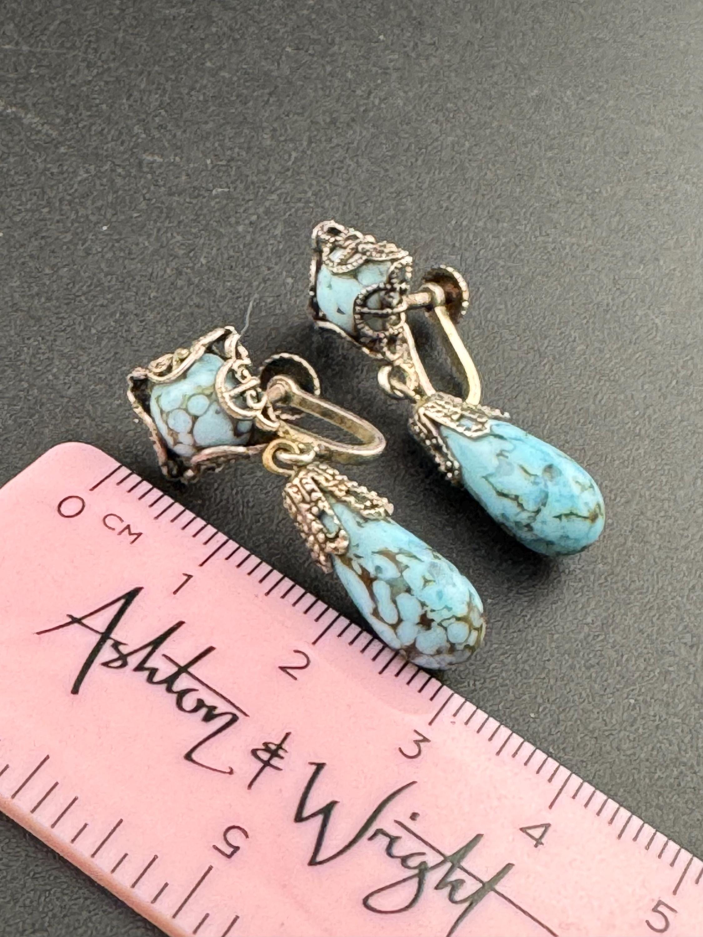 Vintage Czech turquoise beaded silver Tone Filigree metal with agate gemstones, screw back clip on earrings