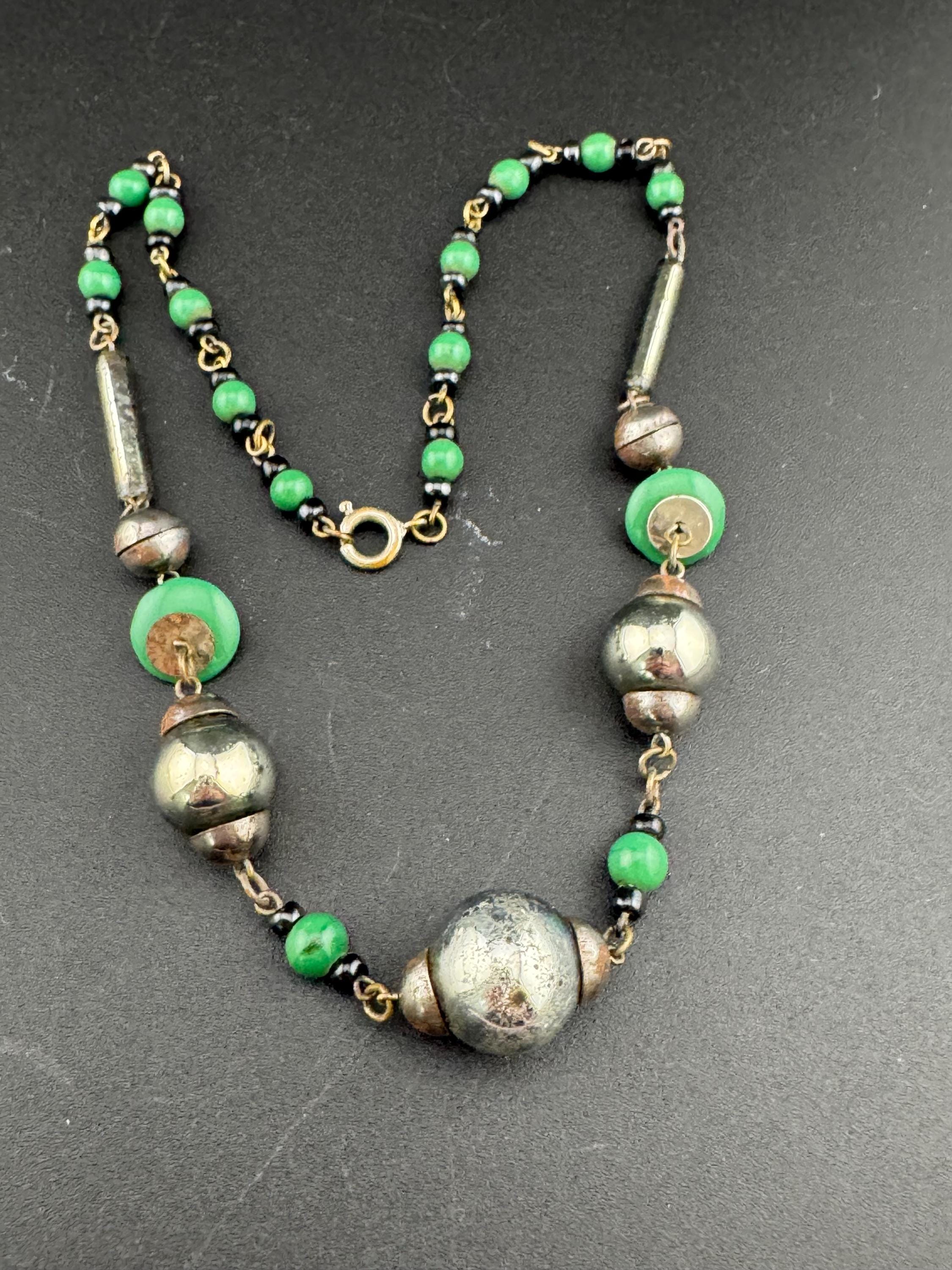 As found with wear antique green glass beaded Art Deco chrome modernist necklace 40cm