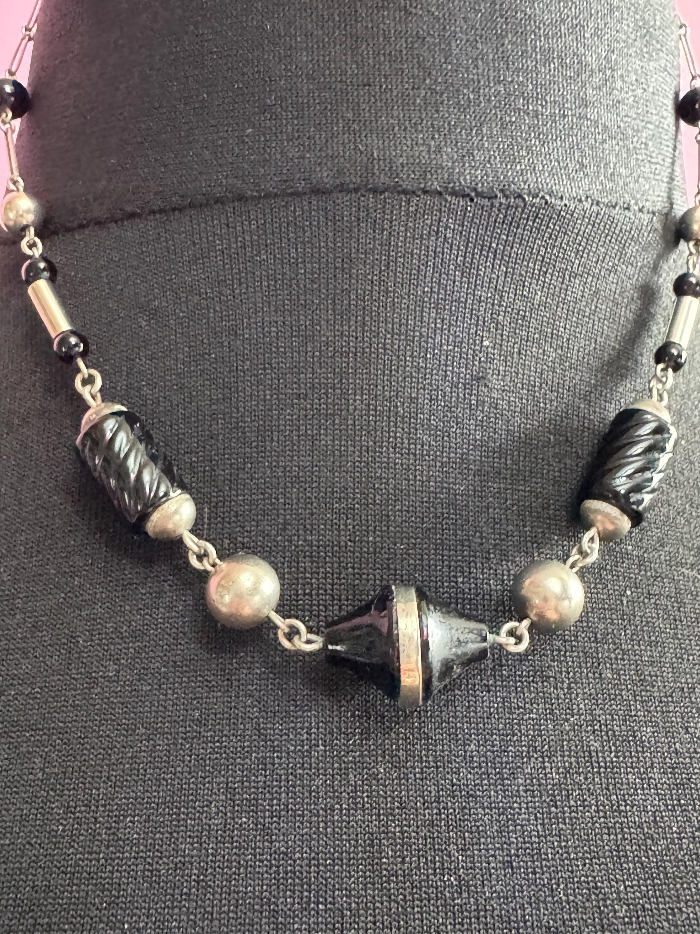 Art Deco Black Beaded Necklace: Geometric Silver Tone Drop, 1920s Style