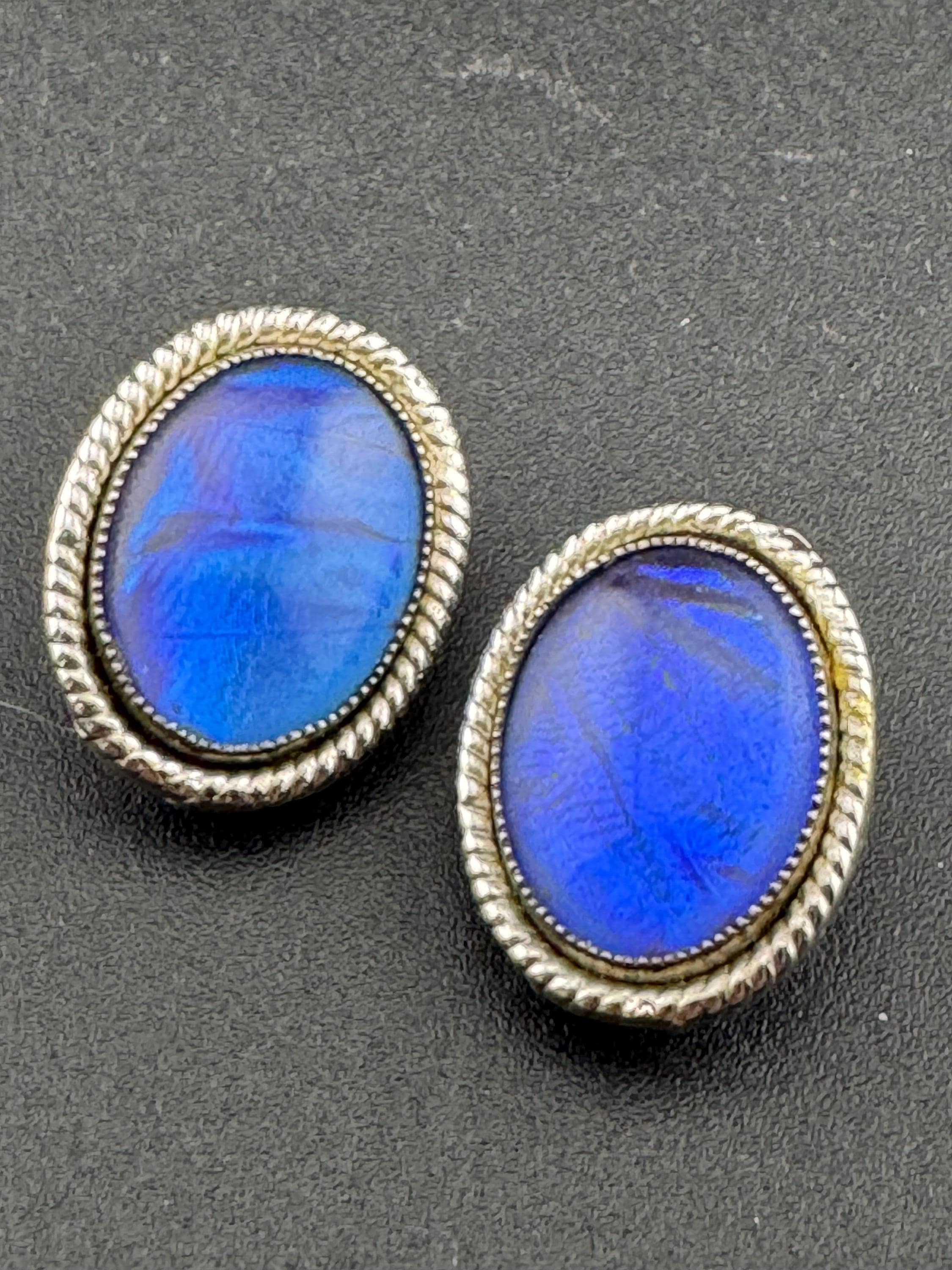Vintage Art Deco Faux Butterfly Wing blue Clip On Earrings