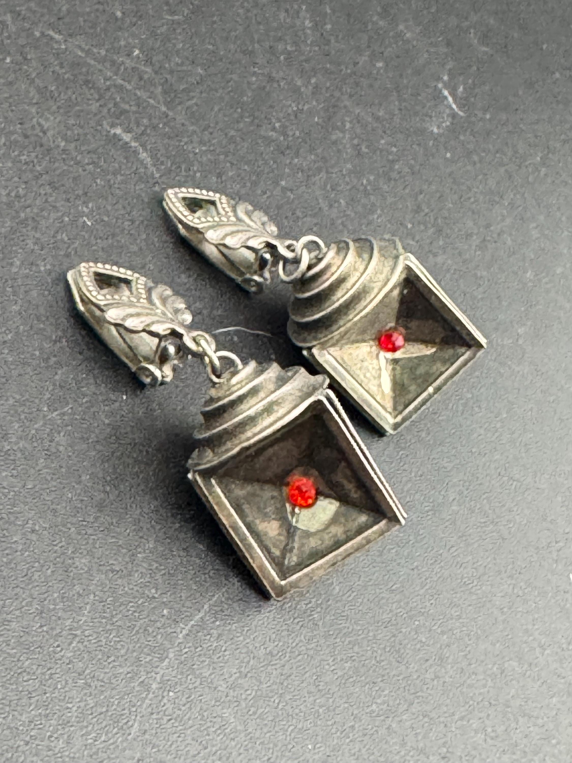 Vintage chrome Chinese lantern clip on drop earrings silver tone steel with red rhinestones
