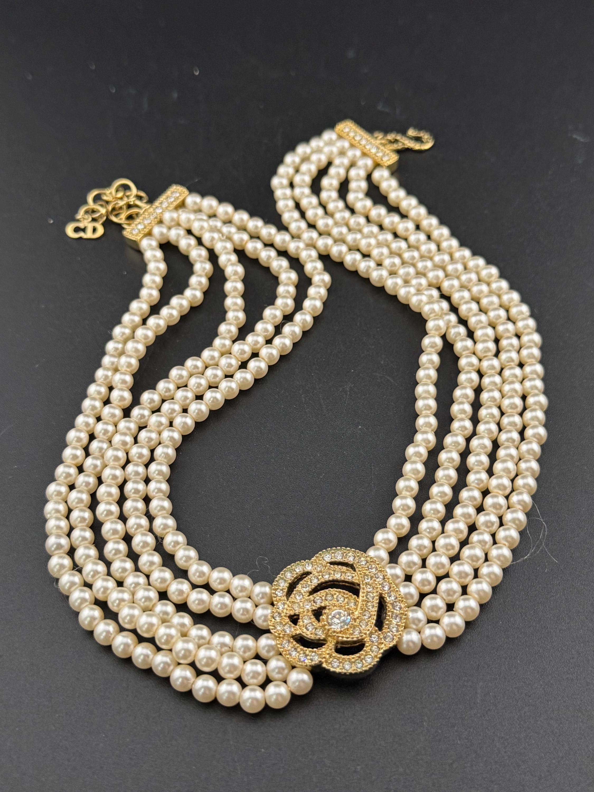 Vintage Christian Dior Pearl Choker with Rhinestone Floral Detail signed