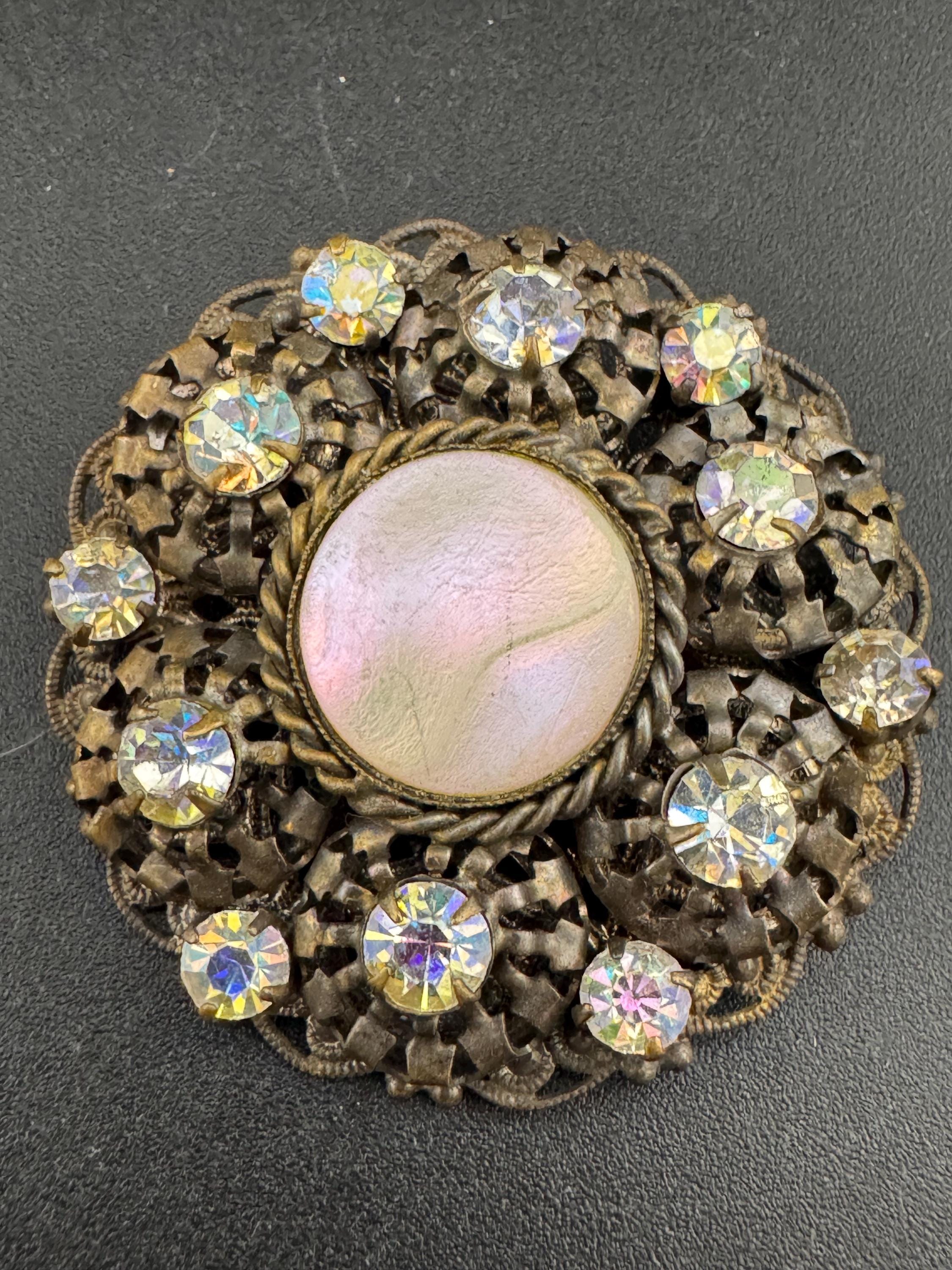 4cm antique Czech bohemian MOP mother of pearl and AB aurora borealis rhinestone brass metal filigree brooch with c clasp