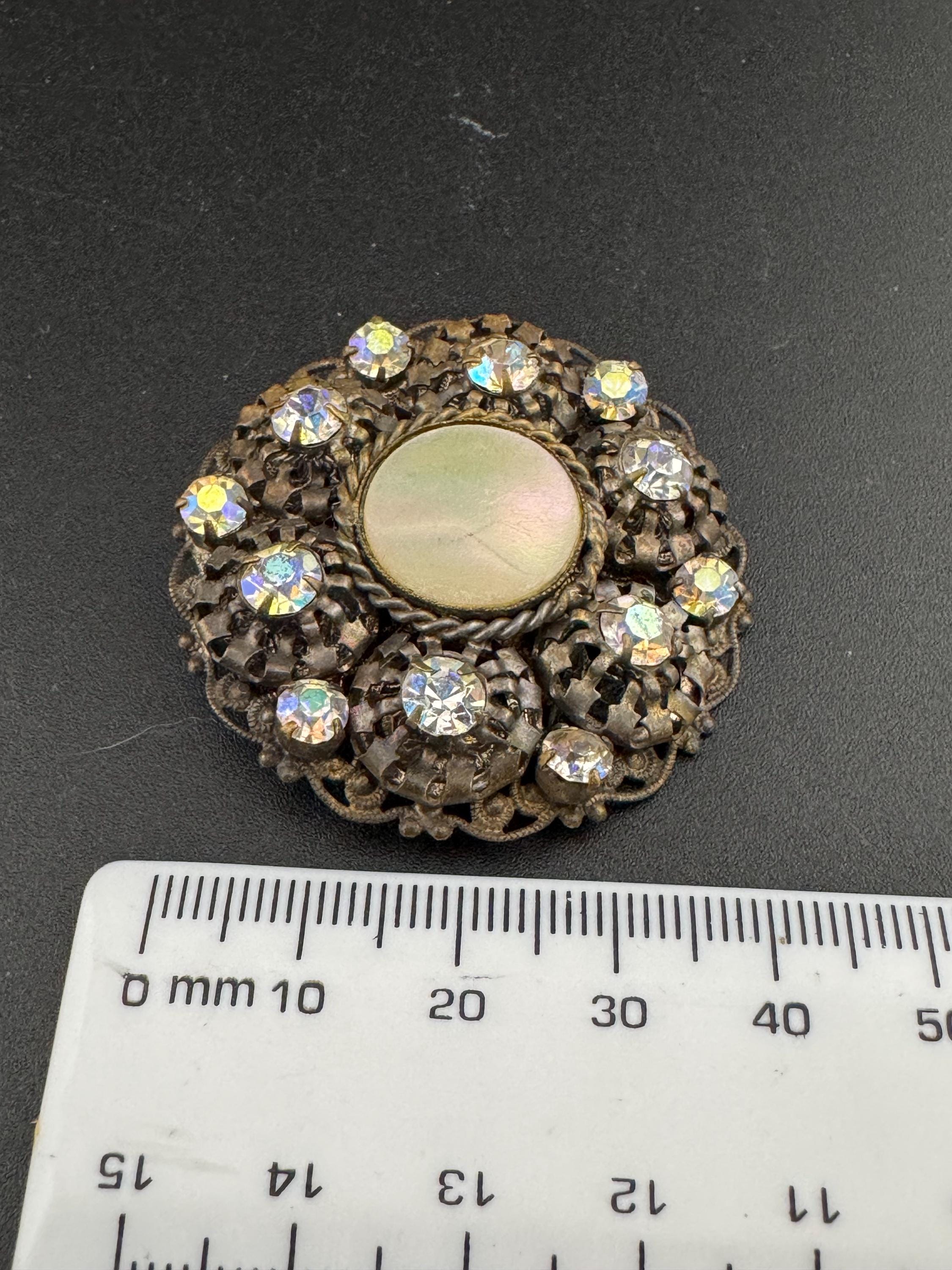 4cm antique Czech bohemian MOP mother of pearl and AB aurora borealis rhinestone brass metal filigree brooch with c clasp