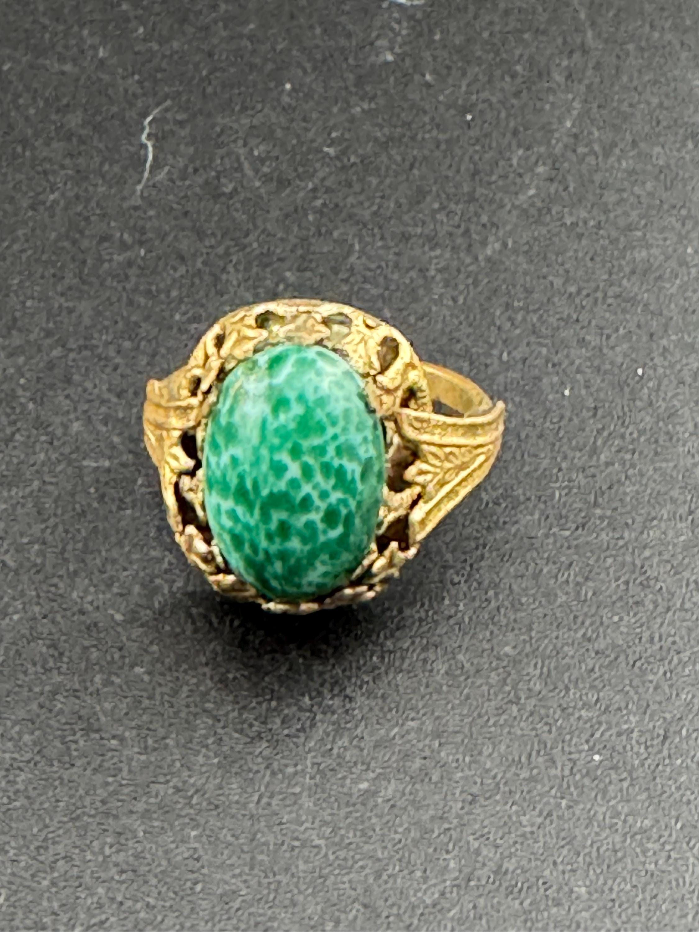 antique art deco Czech Peking glass green cabochon dress ring, adjustable gilt metal , bohemian