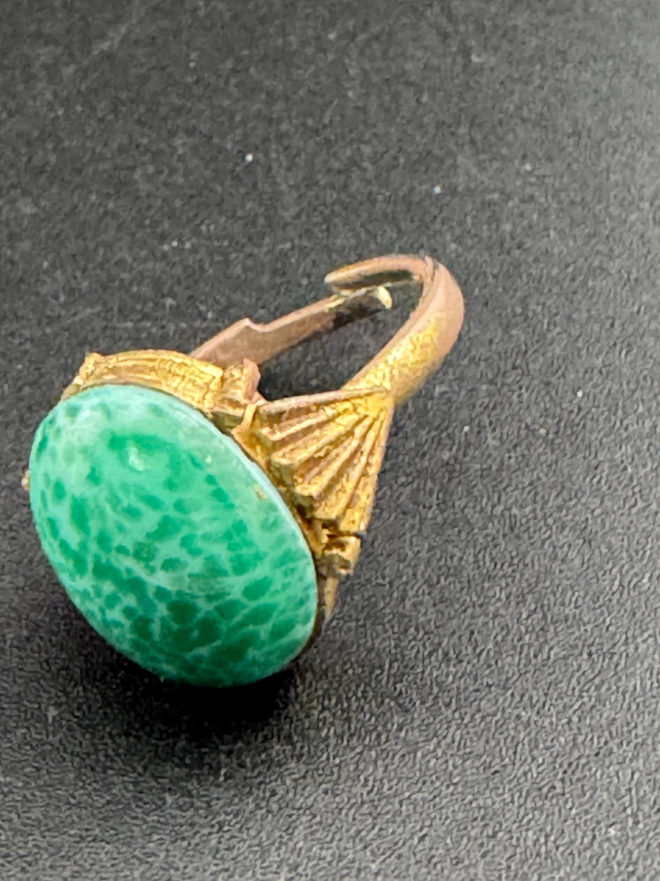 antique art deco Czech Peking glass green cabochon dress ring, adjustable gilt metal , bohemian
