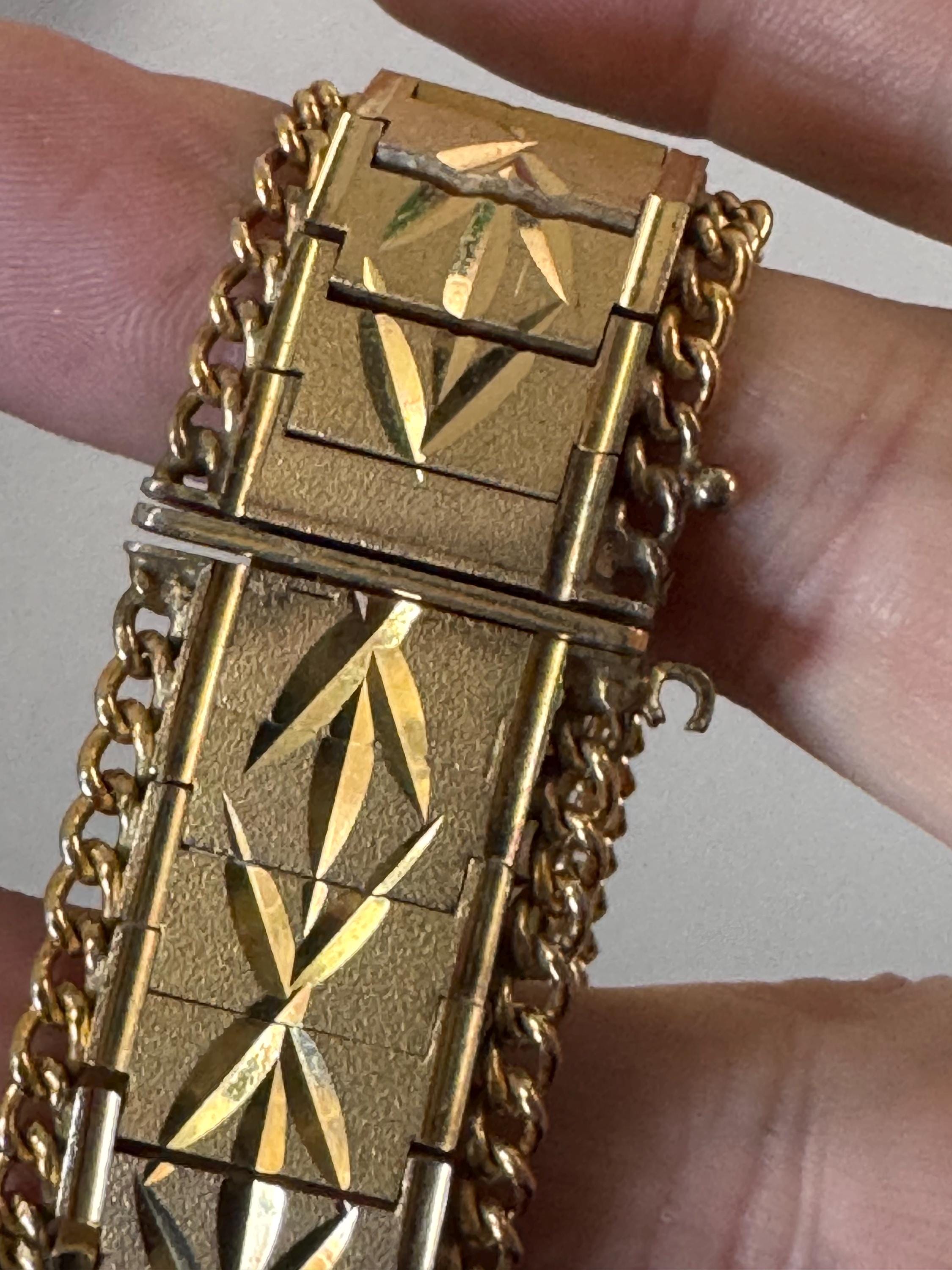 1970s articulated flat textured gold plated wide chain etched bracelet stamped MTL 7