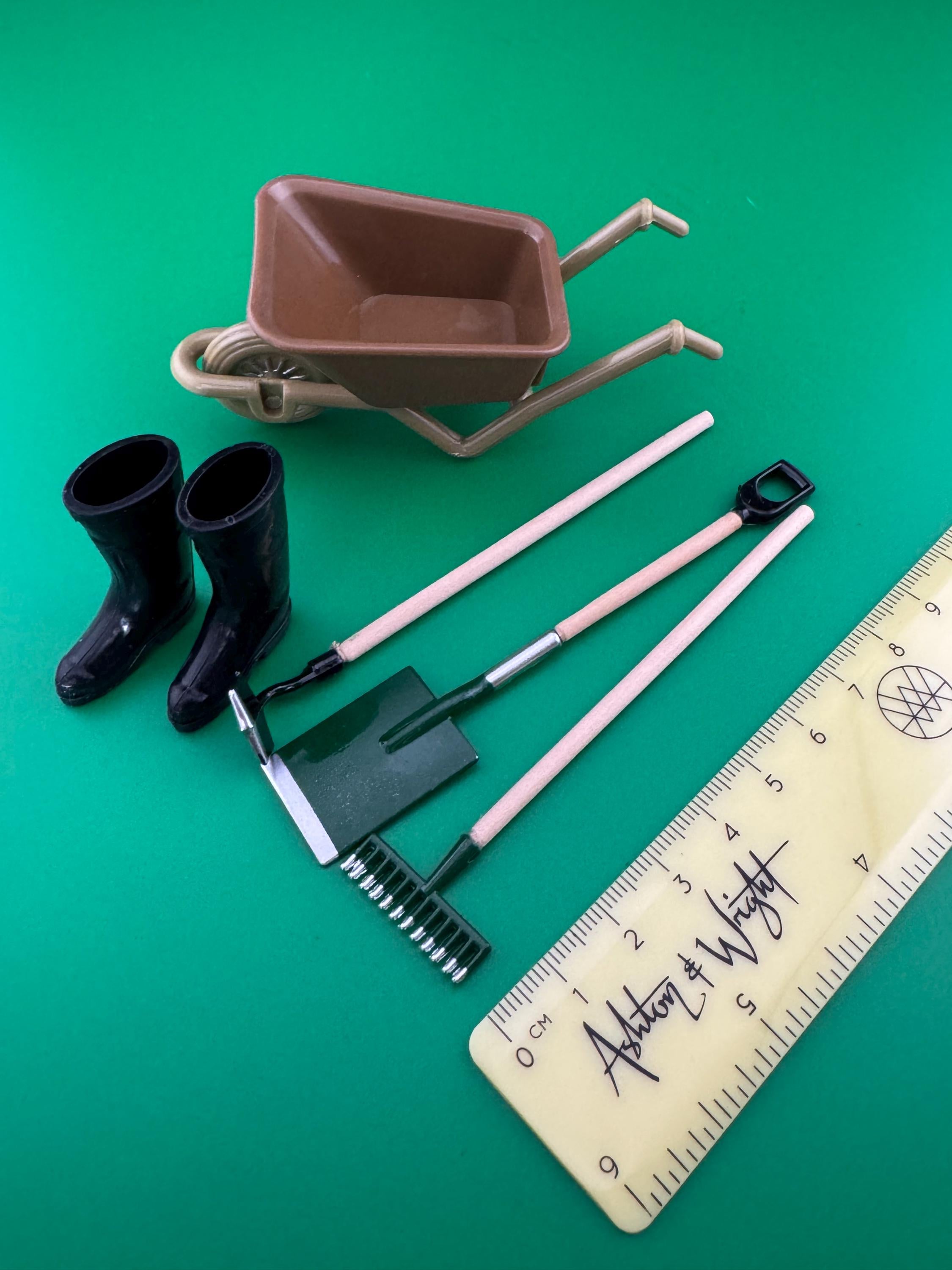 Miniature Garden Tool Set: Wheelbarrow, Boots, Cake Topper Decoration