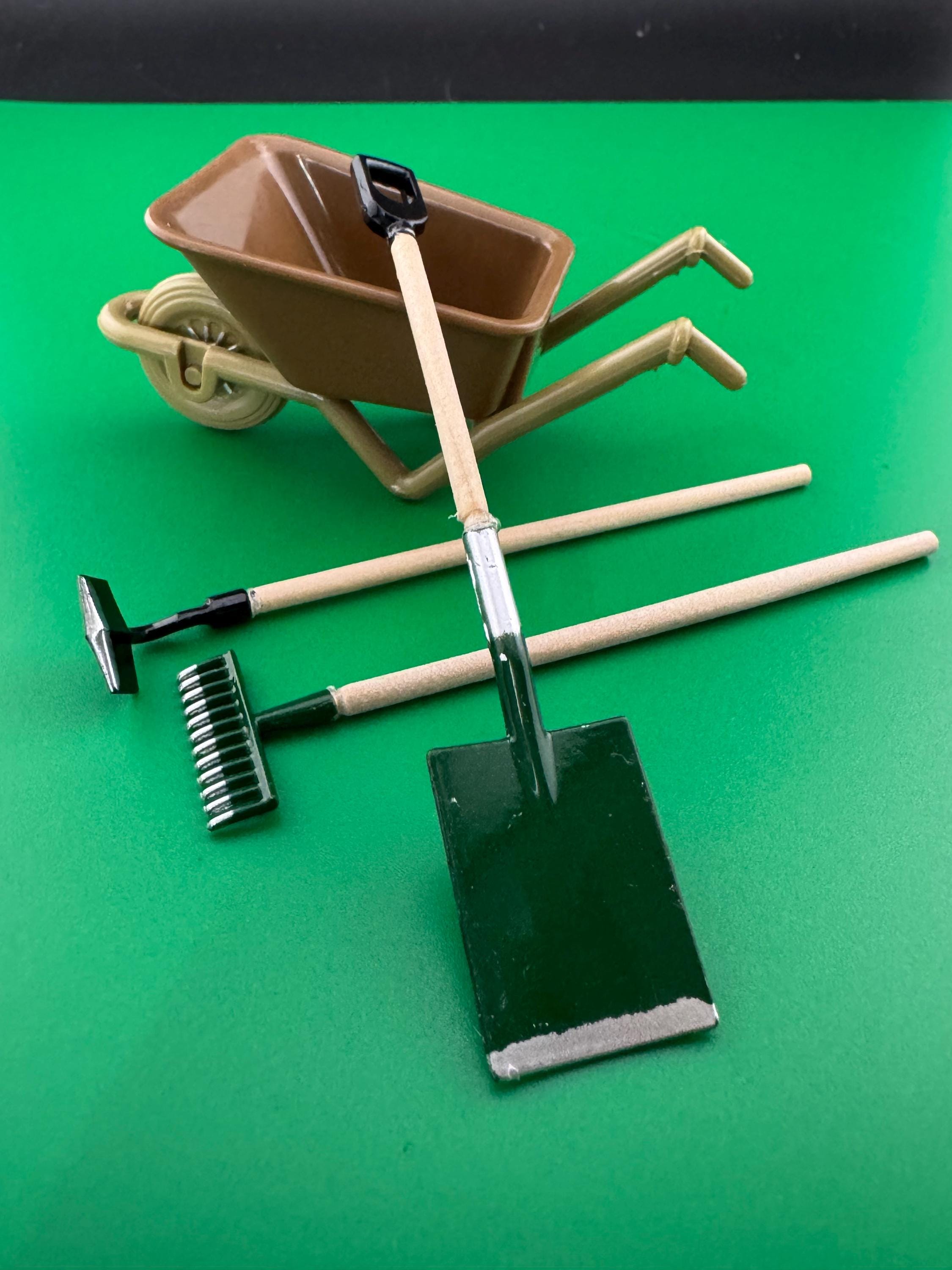 Miniature Garden Tool Set: Wheelbarrow and Metal Tools, Cake Topper