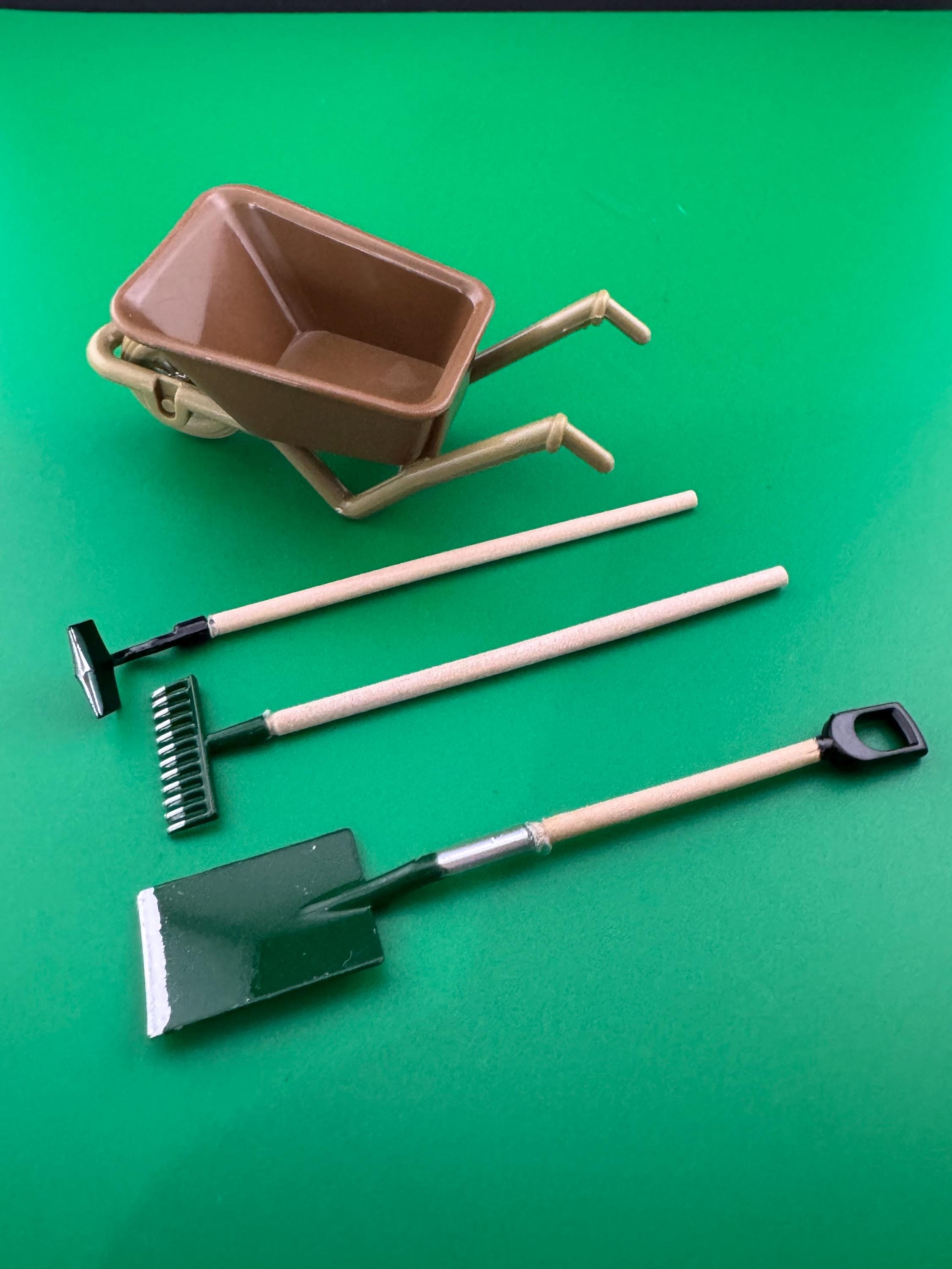 Miniature Garden Tool Set: Wheelbarrow and Metal Tools, Cake Topper