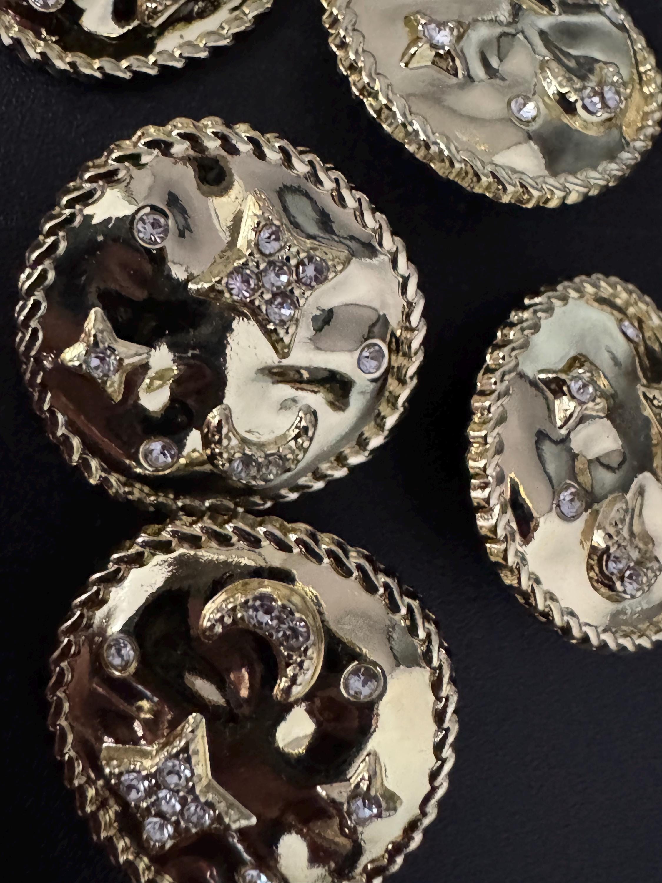 Set of 5 pc 17mm or 22mm crystal moon and star diamanté buttons, metal shank, celestial, glossy gold tone metal