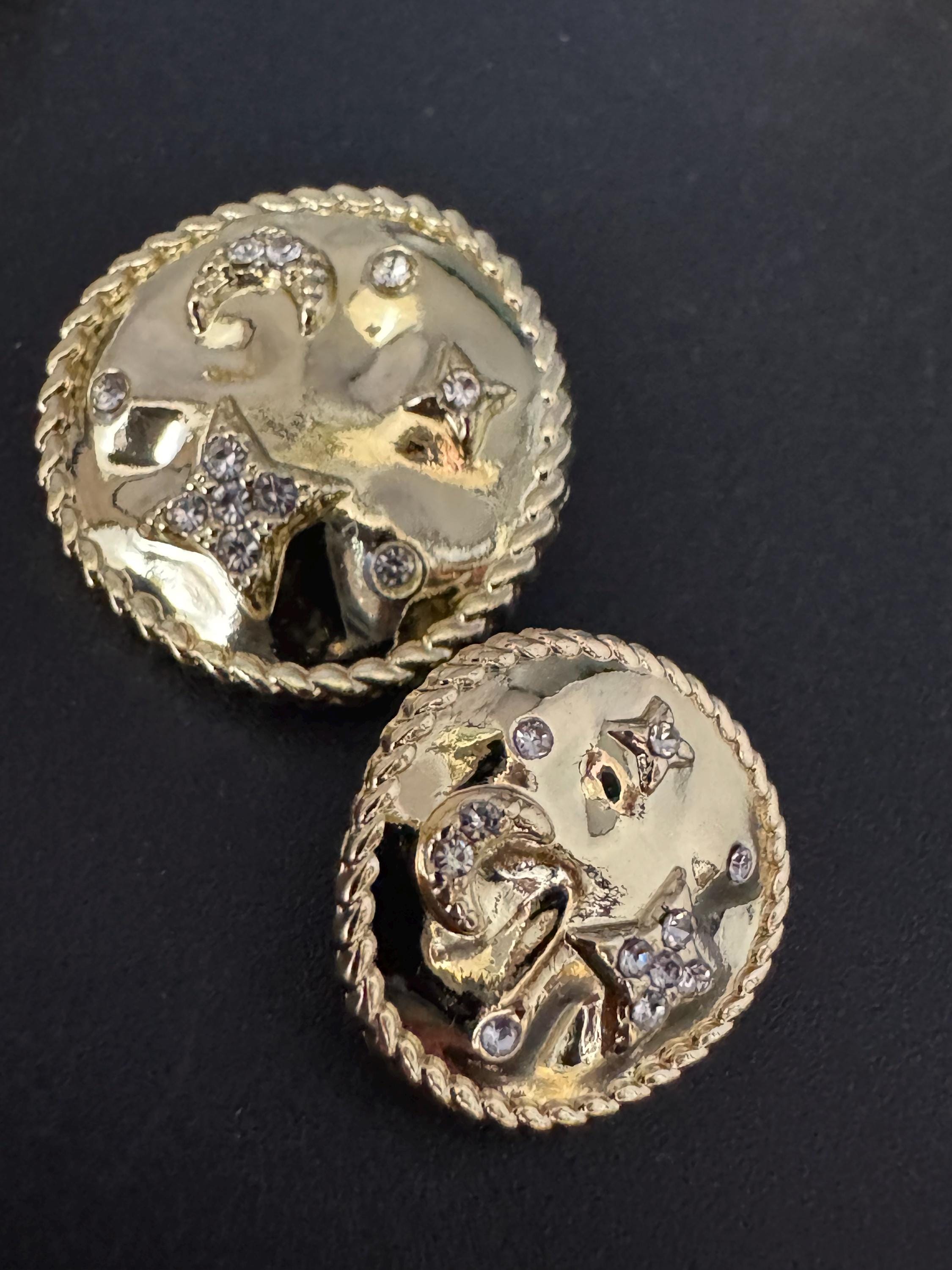 Set of 5 pc 17mm or 22mm crystal moon and star diamanté buttons, metal shank, celestial, glossy gold tone metal
