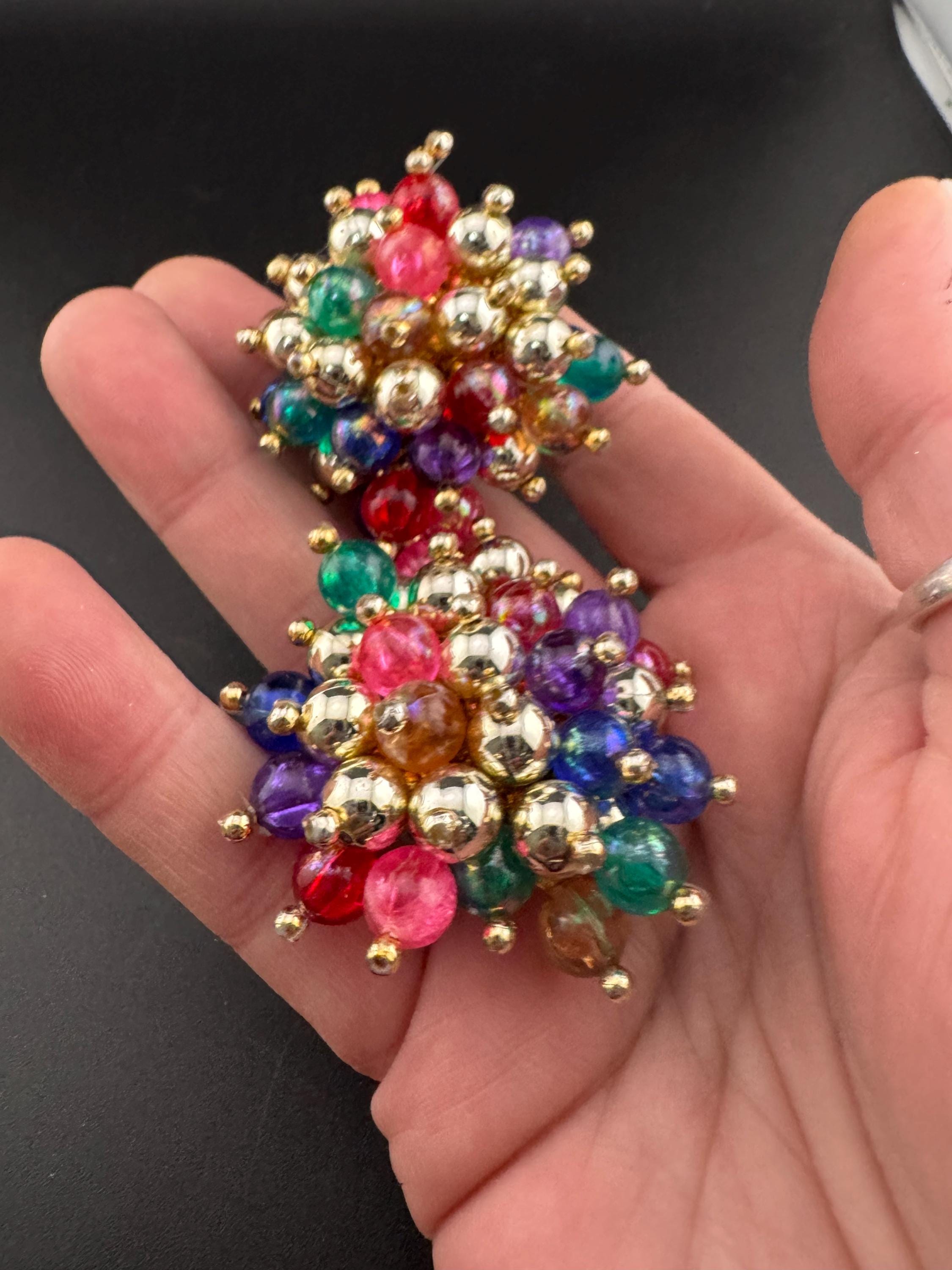 Oversized red pink purple plastic beaded Cluster Clip On Earrings, vintage