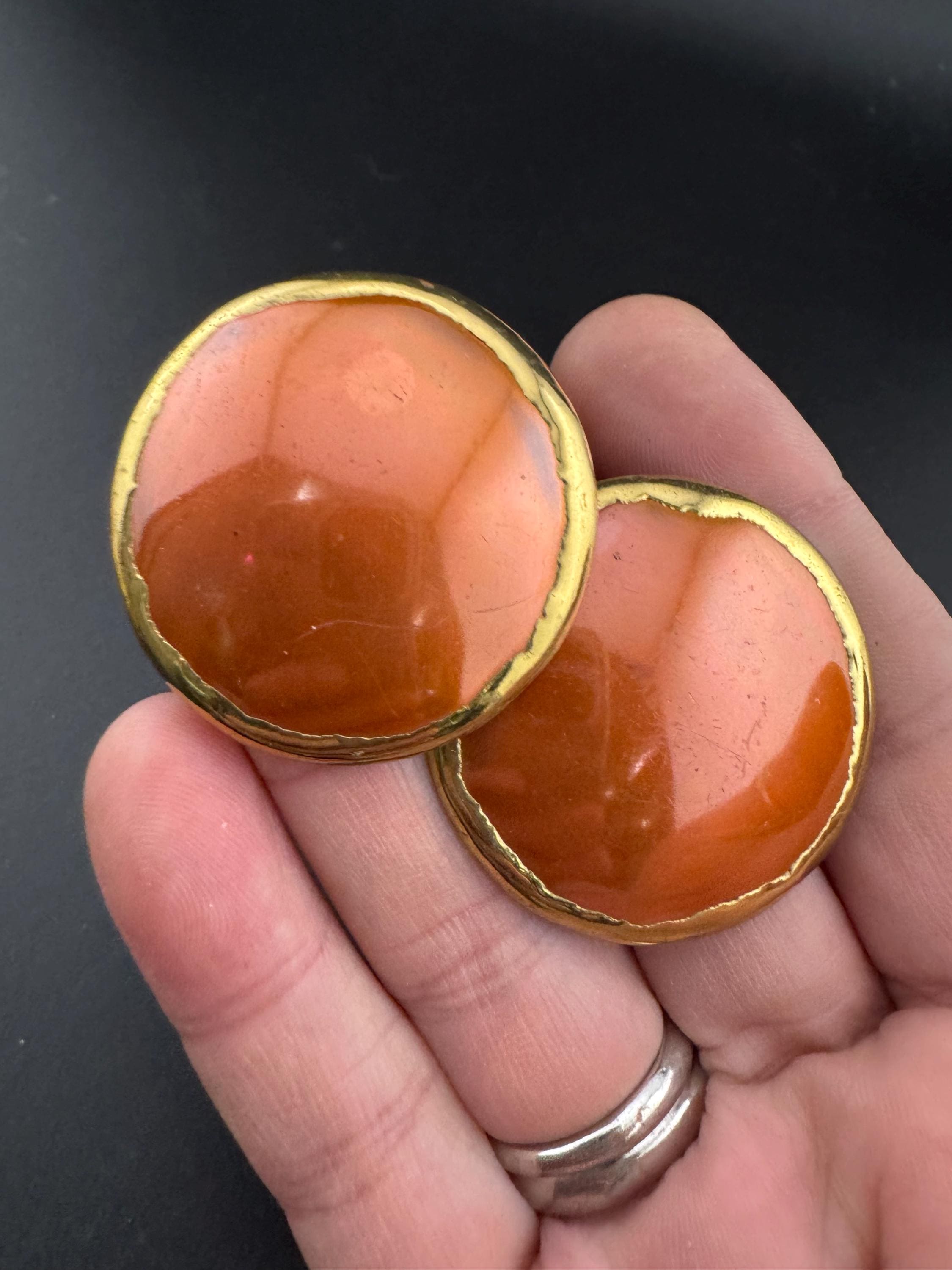 oversized copper and brass Etruscan 3.5cm round low domed disc button earrings