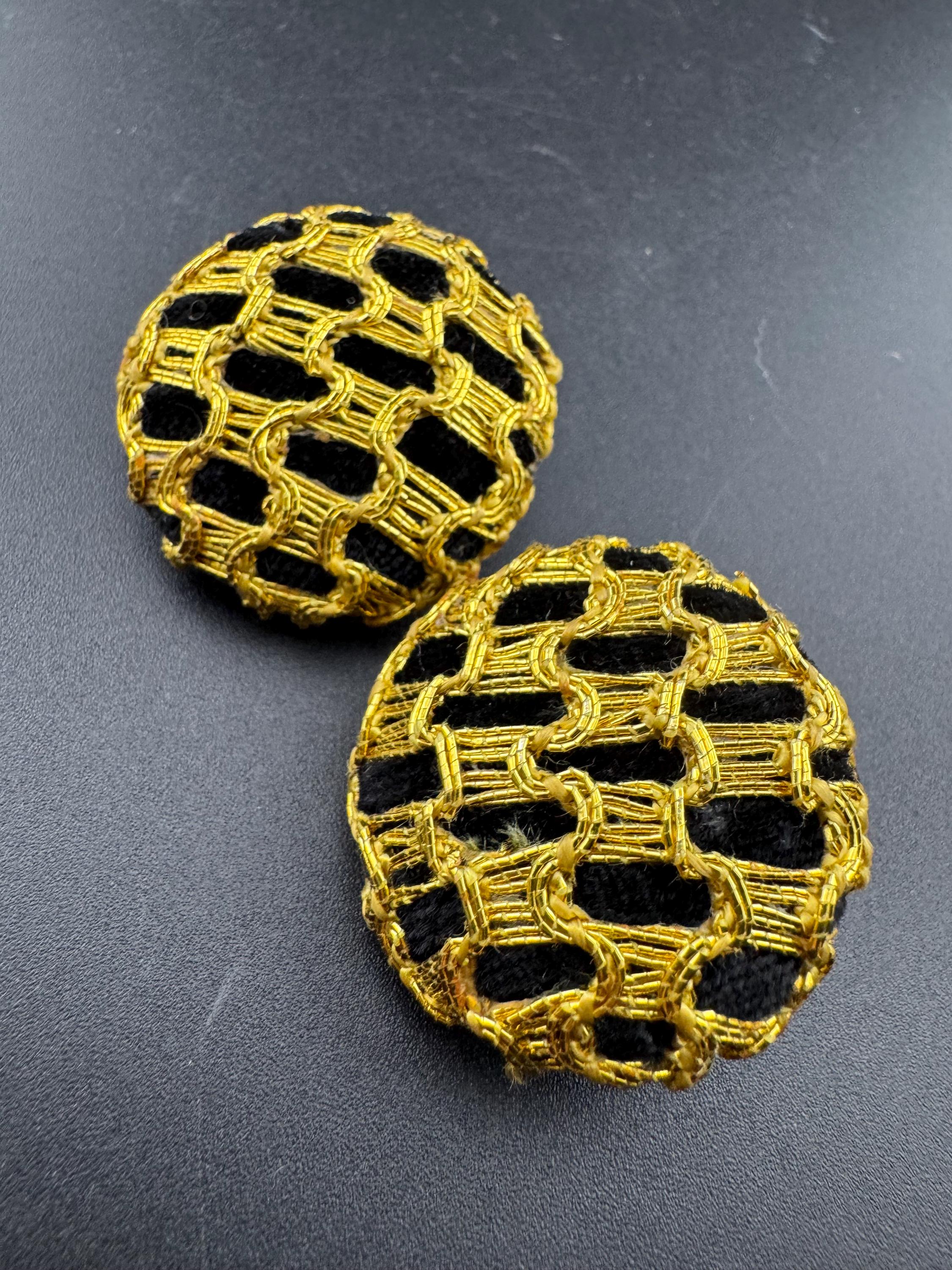 Oversized black velvet low domed disc pierced earrings with gold tone braiding, big studs