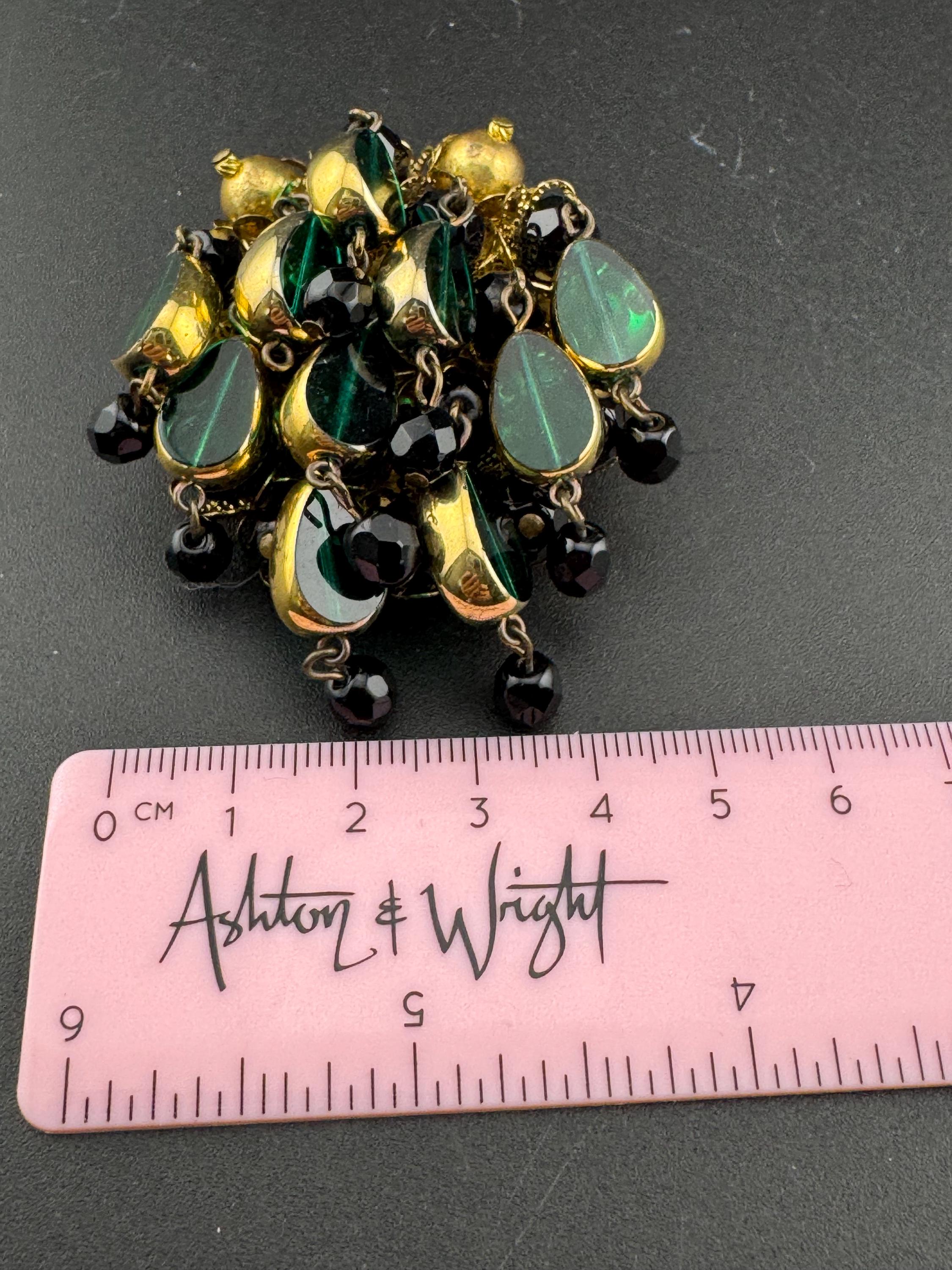 XL Vintage Gold Tone emerald Green and black glass beads beaded waterfall cascade Brooch Large ideal for coat