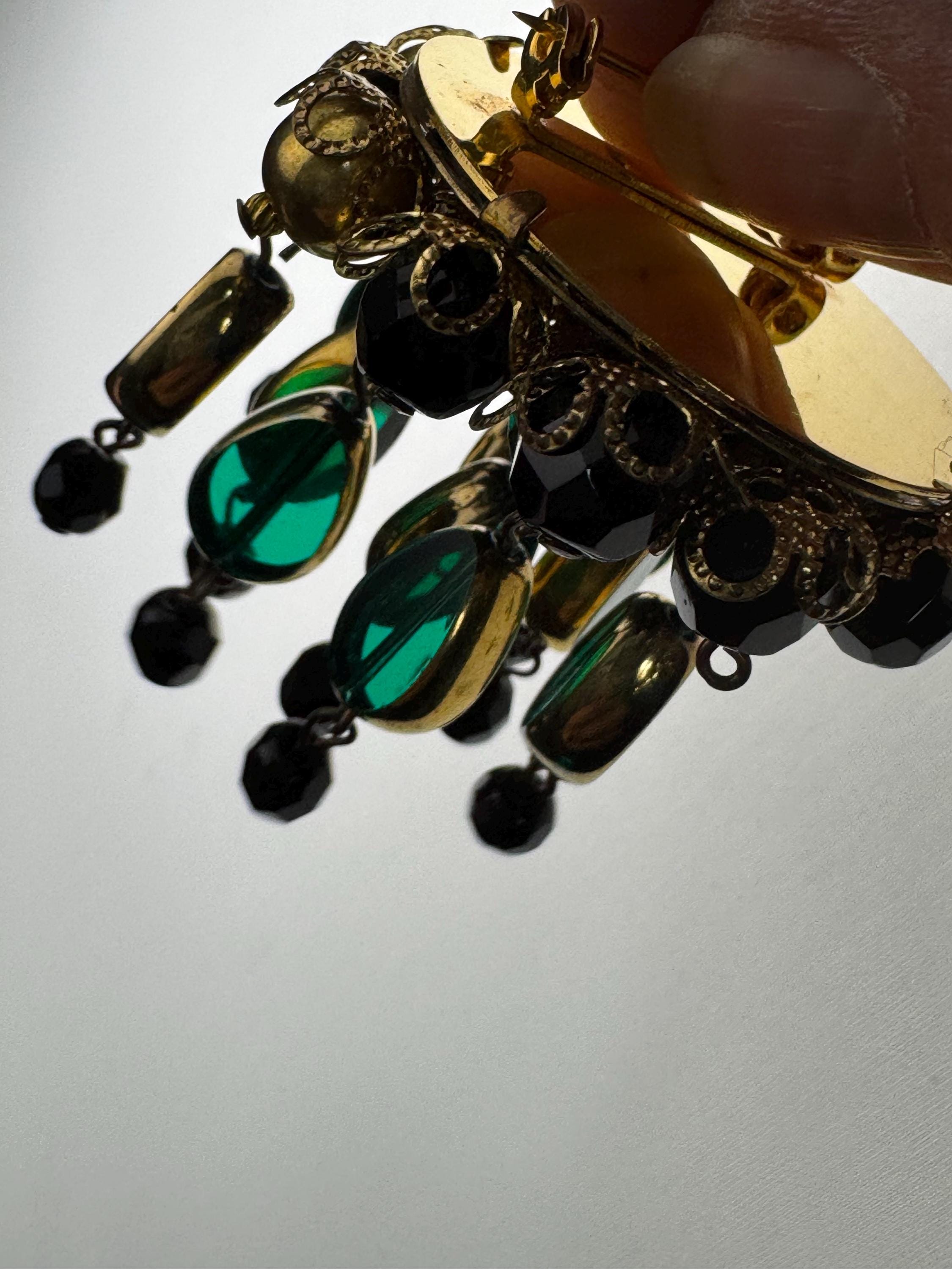 XL Vintage Gold Tone emerald Green and black glass beads beaded waterfall cascade Brooch Large ideal for coat