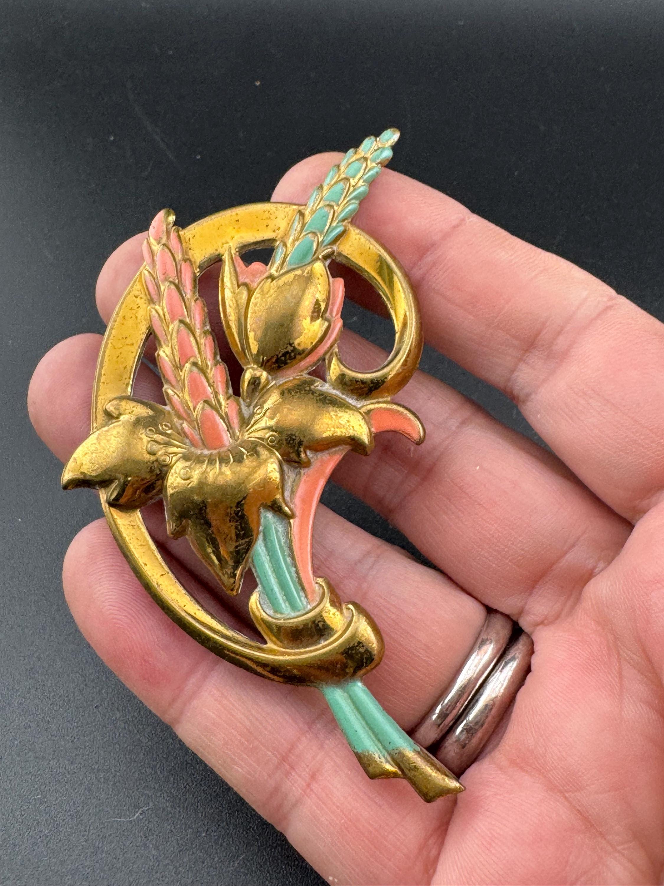 Art Deco Czech Brass Brooch: Enamel Leaf Pin (10cm)