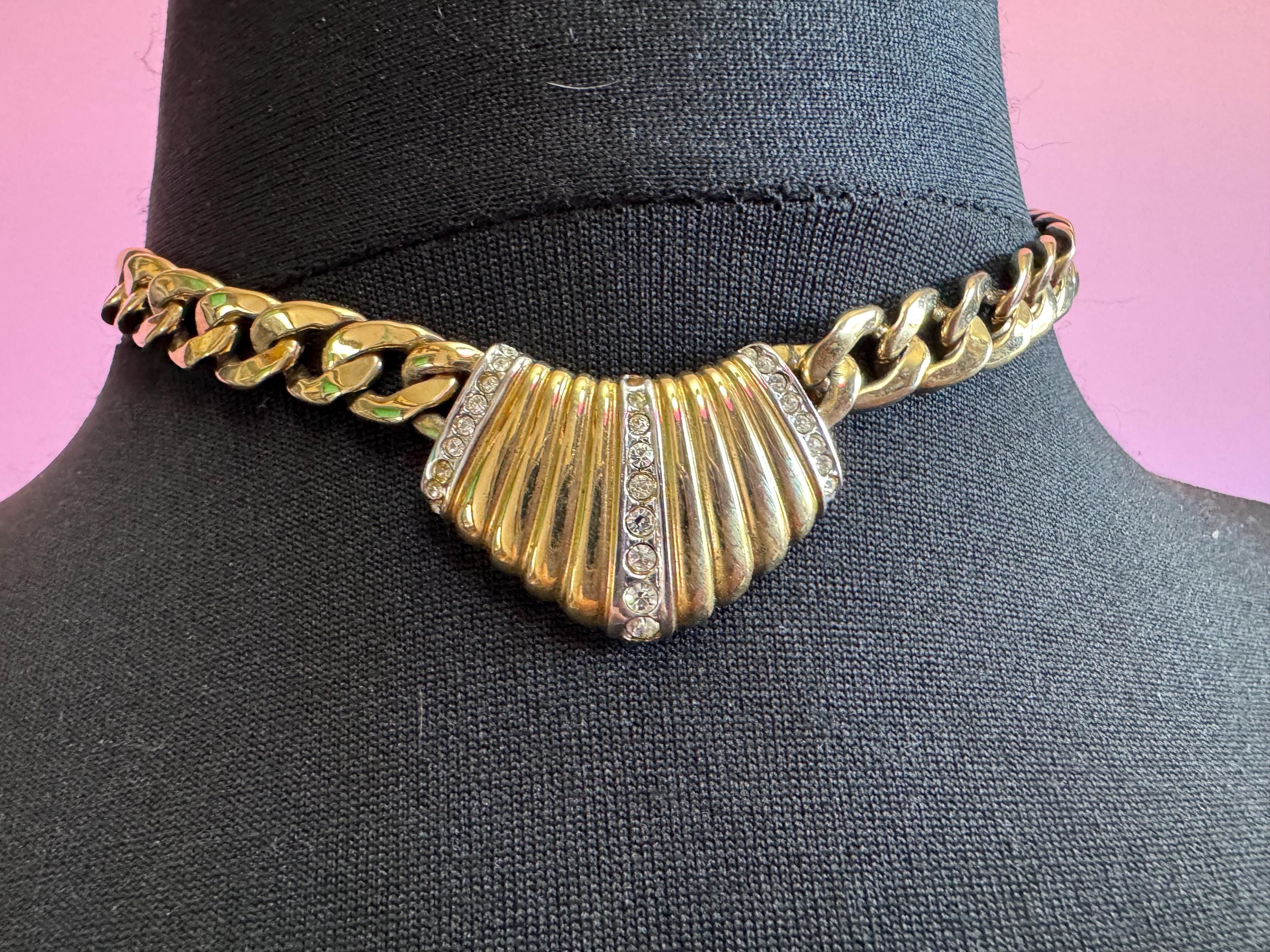 Vintage 80s Gold Tone Curb Chain Necklace with Diamanté
