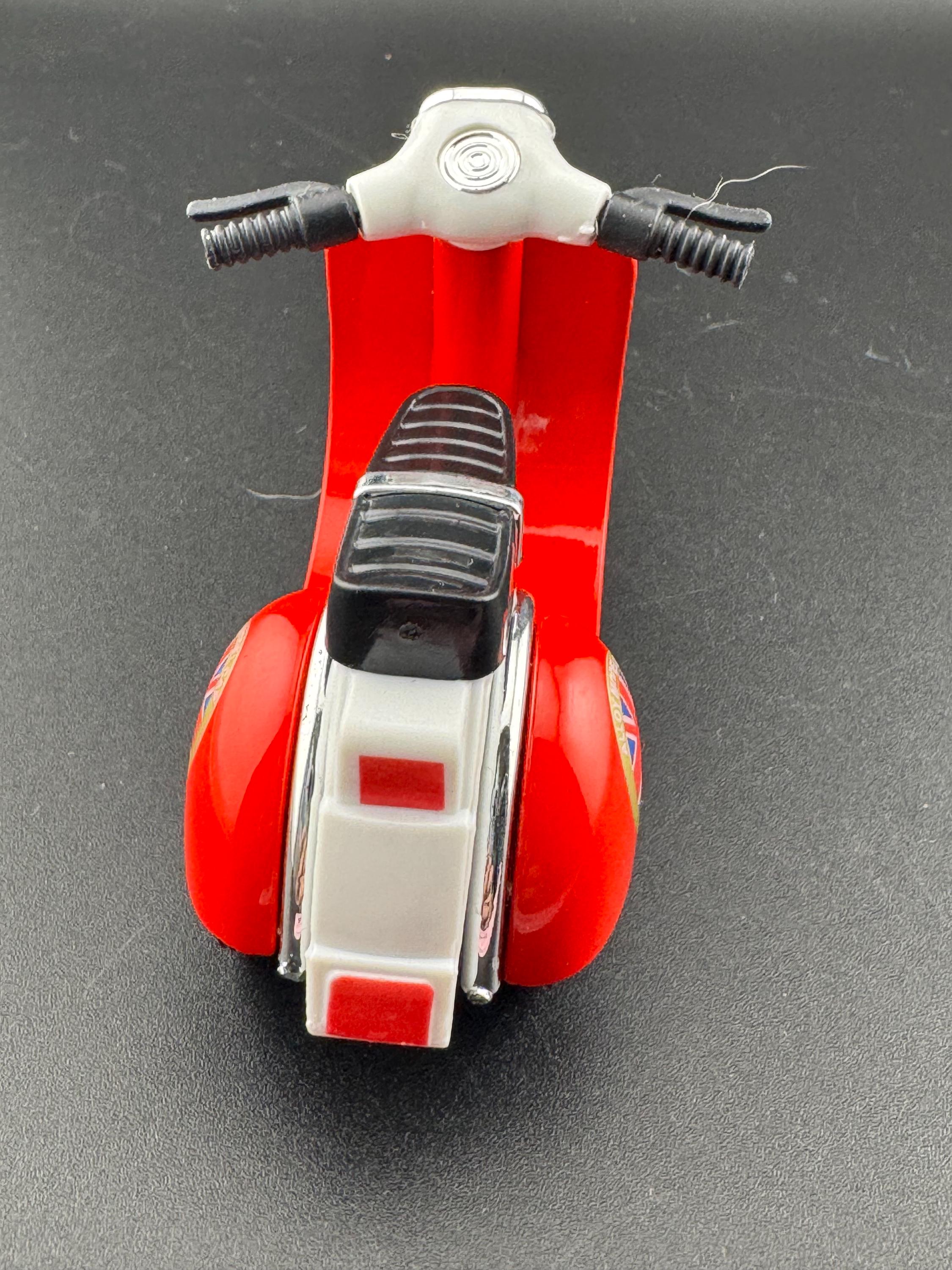Novelty bright RED scooter motorbike toy birthday cake topper decoration, Union Jack design UK