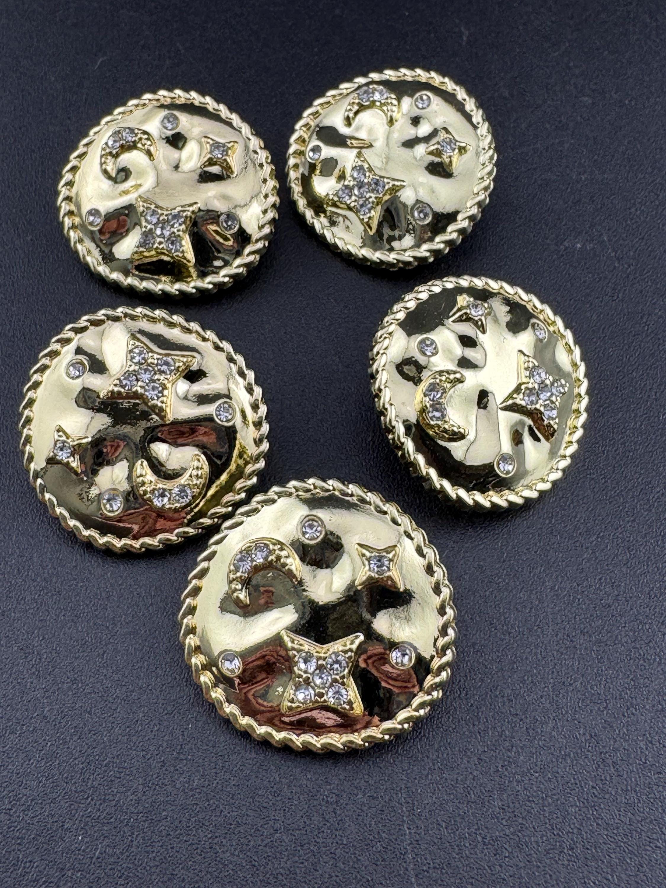 Set of 5 pc 17mm or 22mm crystal moon and star diamanté buttons, metal shank, celestial, glossy gold tone metal