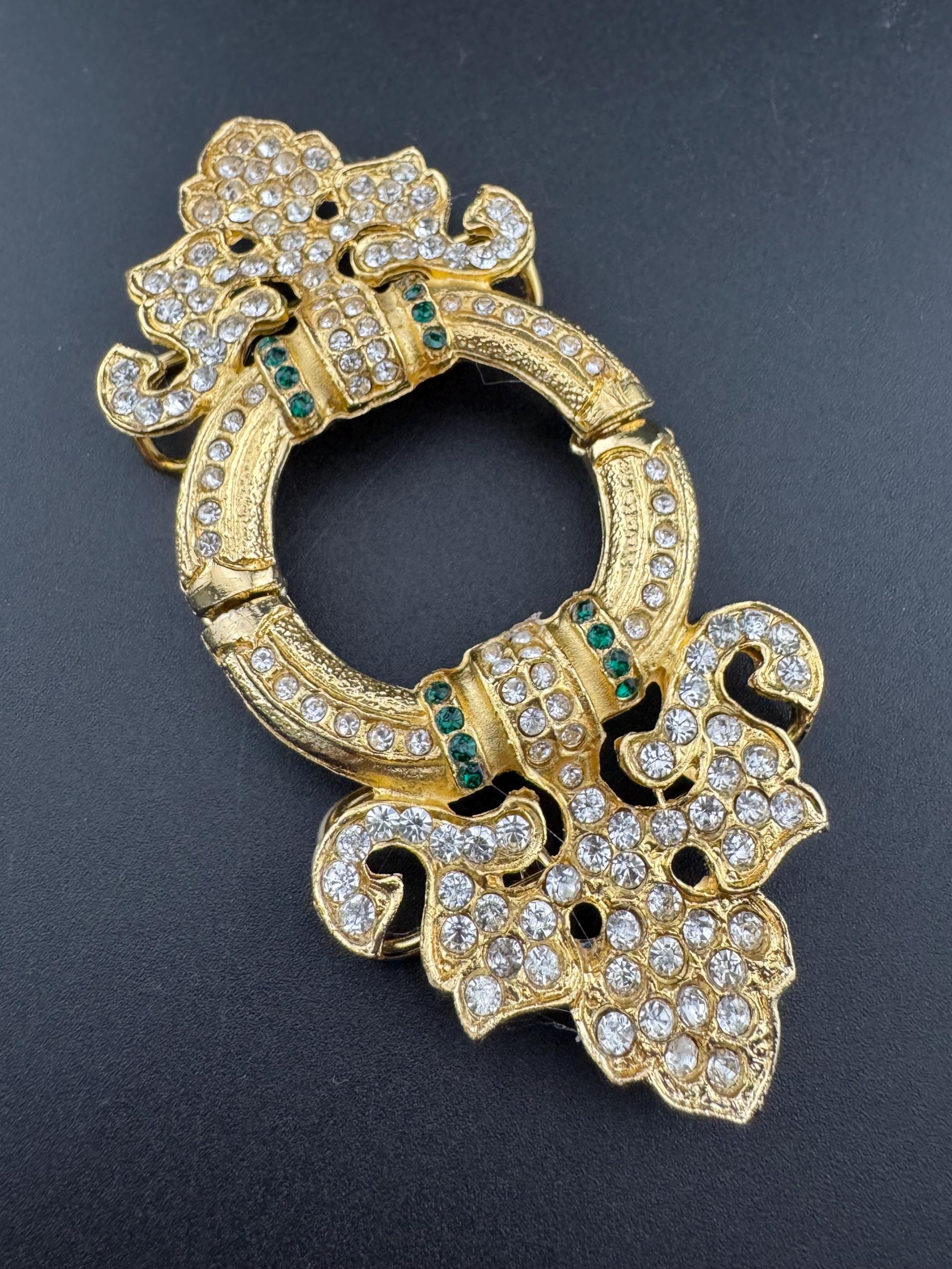 Vintage Gold Tone Belt Buckle Set: Swarovski Crystal Emerald & Clear