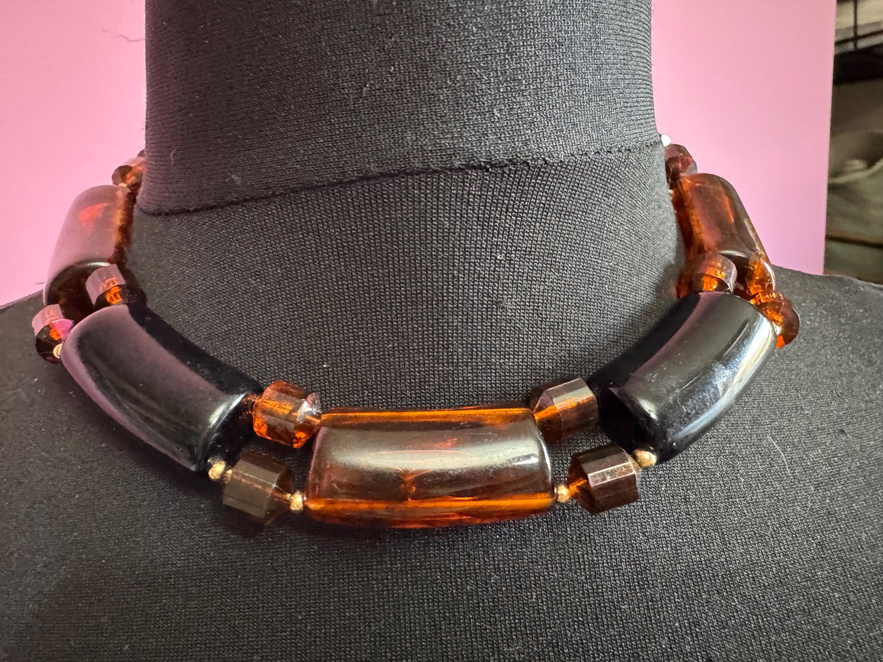 Vintage chunky statement faux tortoiseshell and black beaded double row necklace