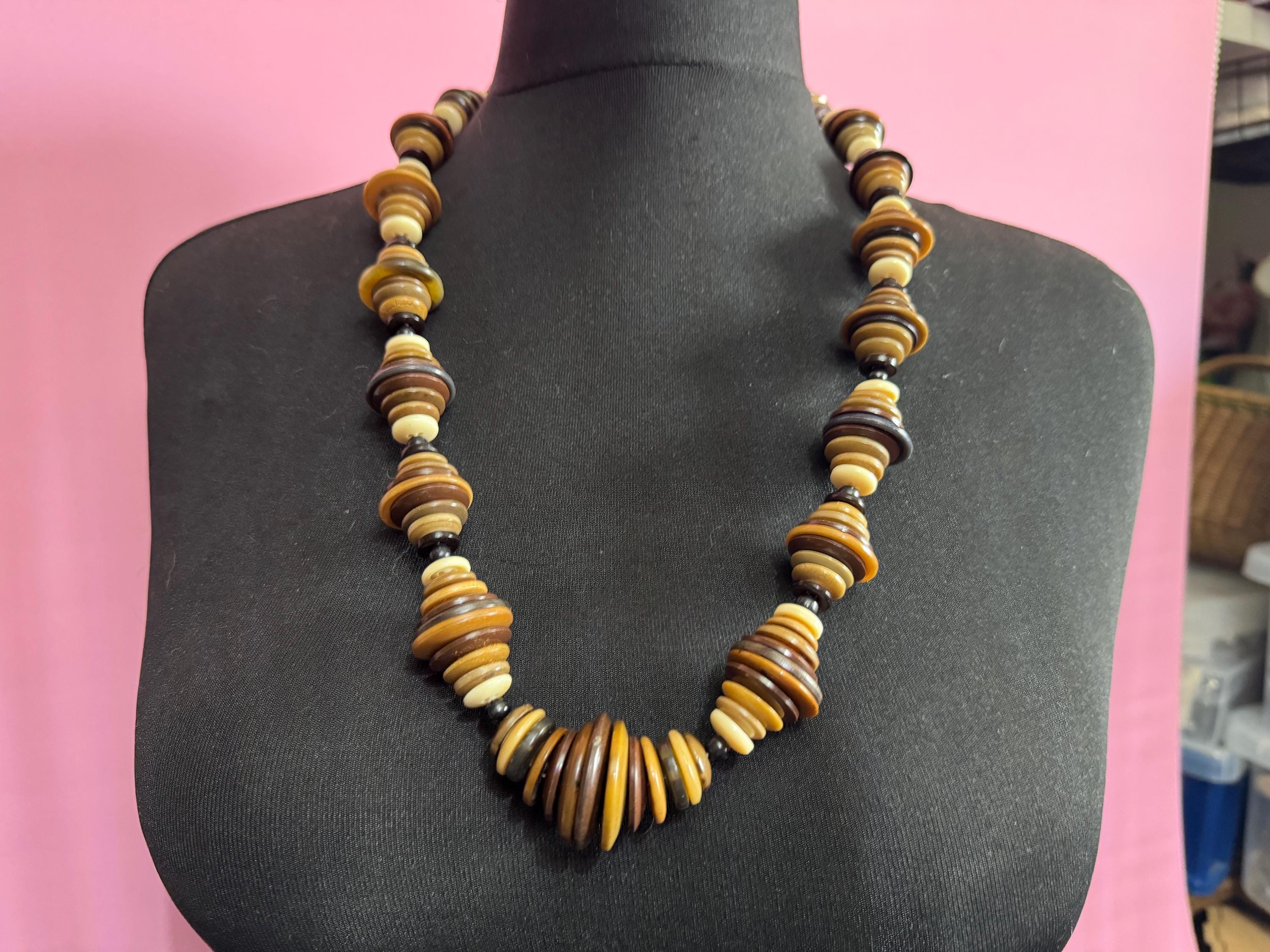 Vintage oversized acrylic plastic button disc beaded long chunky necklace brown beige tones