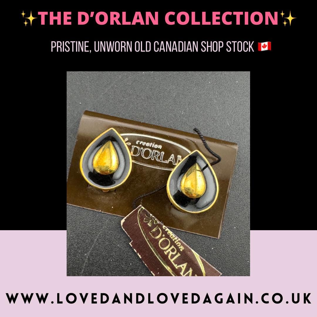 Vintage D’orlan Canad triple gold plated black enamel teardrop clip on earrings, signed