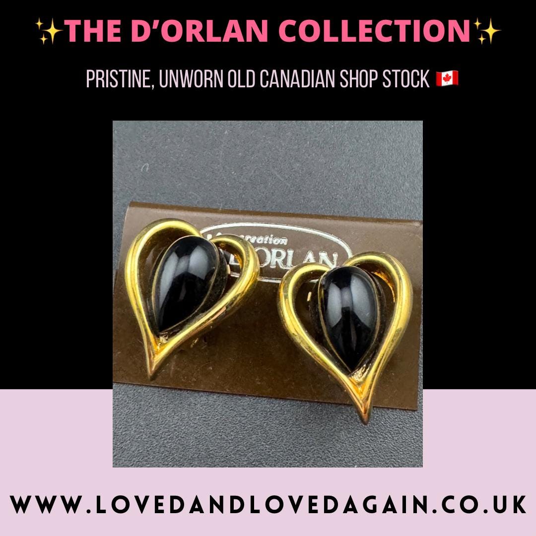Vintage D’orlan Heart Clip On Earrings: 22ct Gp Black Enamel, signed